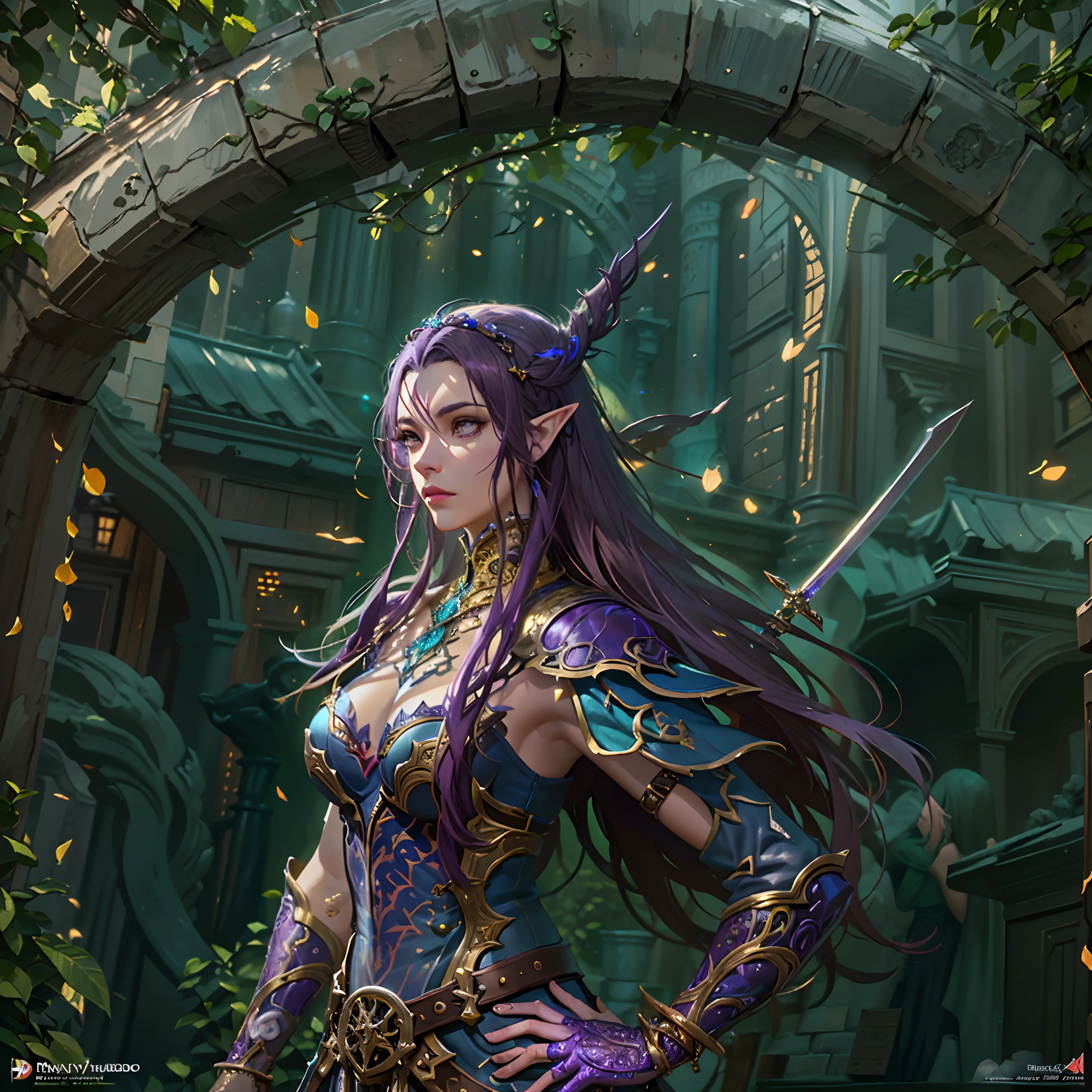 arafed a picture of a female elf (intense details, Masterpiece, best quality: 1.5) fantasy swashbuckler, fantasy fencer, armed with a slim sword, fantasy sword sword (intense details, Masterpiece, best quality: 1.5), metallic shine, colorful clothes, an ultra wide shot, full body (intense details, Masterpiece, best quality: 1.5)epic beautiful female elf (intense details, Masterpiece, best quality: 1.5), [[anatomically correct]],  rich hair, braided hair, long hair, small pointed ears, fantasy urban street (intense details, Masterpiece, best quality: 1.5),  purple cloak  (intense details, Masterpiece, best quality: 1.5), long cloak (intense details, Masterpiece, best quality: 1.5), elven leather armor (intense details, Masterpiece, best quality: 1.5) sense of daring, sense of adventure, controlling a swirling colorful magic runes (intricate details, Masterpiece, best quality: 1.5), manipulating colorful magical runes (intense details, Masterpiece, best quality: 1.5) high details, best quality, 8k, [ultra detailed], masterpiece, best quality, (extremely detailed), dynamic angle, ultra wide shot, photorealistic, 3D rendering,  RAW, fantasy art, dnd art, fantasy art, realistic art,