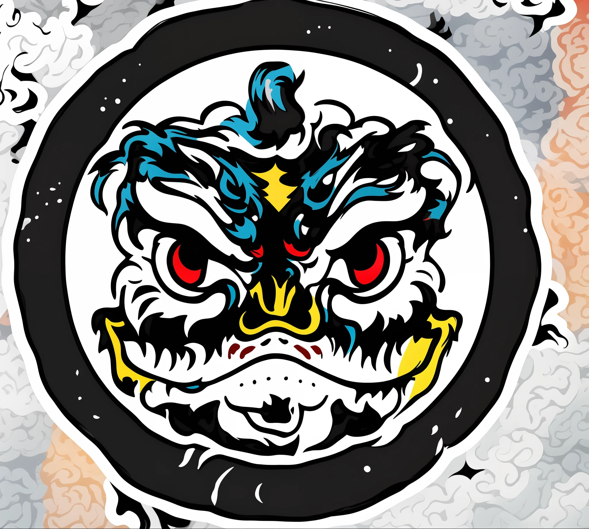 Close-up of colorful signs of lion dance, lion dance, Chinese Dragon, Dragon face, 中 国 鬼 节, China, chinese dragon engrave, dragon design language, Kungfu, , Dragon, Kungfu, Full details, Colorful signs，Badge，Simple pattern，Vintage style，nothing background，Surrounded by circles
