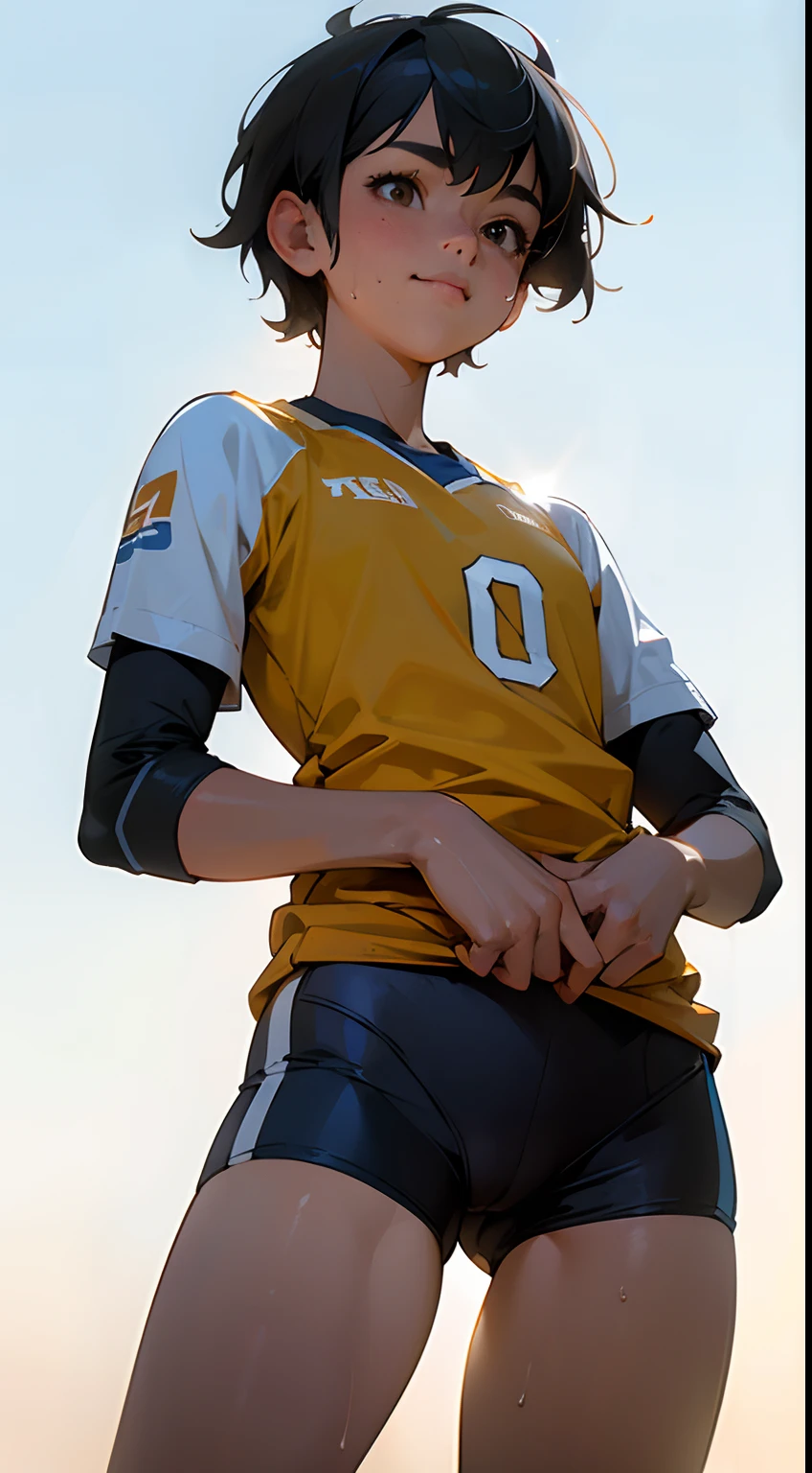 (8k, RAW photo, highest quality, masterpiece: 1.2), (realistic, photorealistic: 1.37), high definition, high resolution, ridiculous file size, very ridiculous, natural light, beautiful face, beautiful shape, well-formed face, small face, 14 years old, 1 girl, very short hair, tanned skin, ridiculous texture, skin quality that seems to show pores, smile, volleyball uniform, bike shorts,volleyball player,wet and sticking to the skin, sweaty skin,camel toes, taken from below,