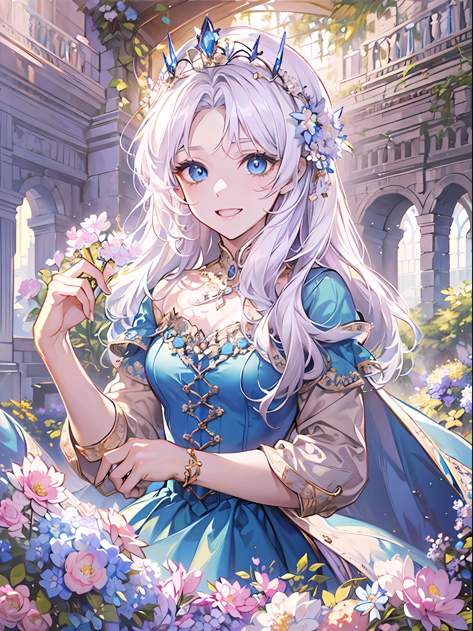 (Best Quality, Masterpiece, High Resolution), 1woman, (white hair, have pony, wearing medieval blue dress, 21 years old, blue eyes, wearing tiara, crown princess)、 stunning, cute, heartwarming smile, beautiful aster flower garden, gazebo, castle, mesmerizing sunlight, good proportion, detailed face, detailed accessories, symmetry, detailed finger, novel cover, close up