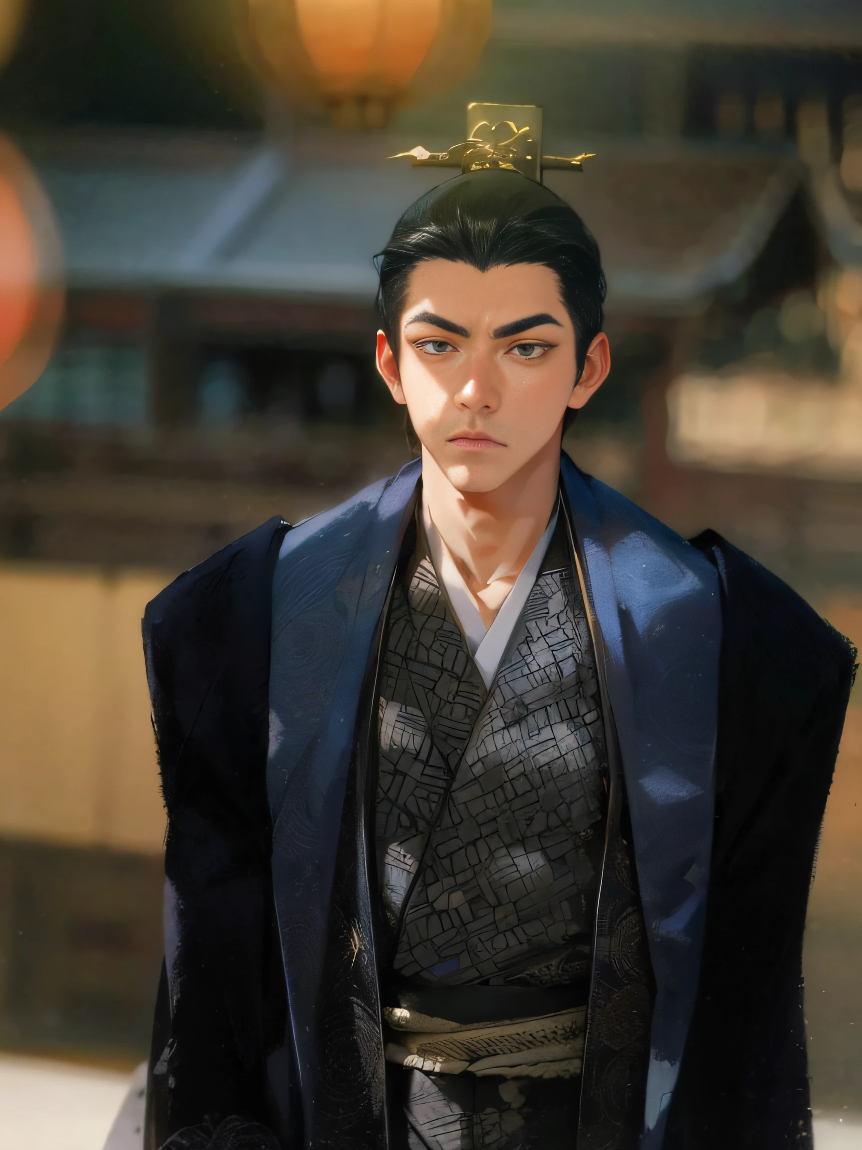 A young and handsome man,Wearing black Hanfu,Hands on your back ,serious,The eyes are sharp