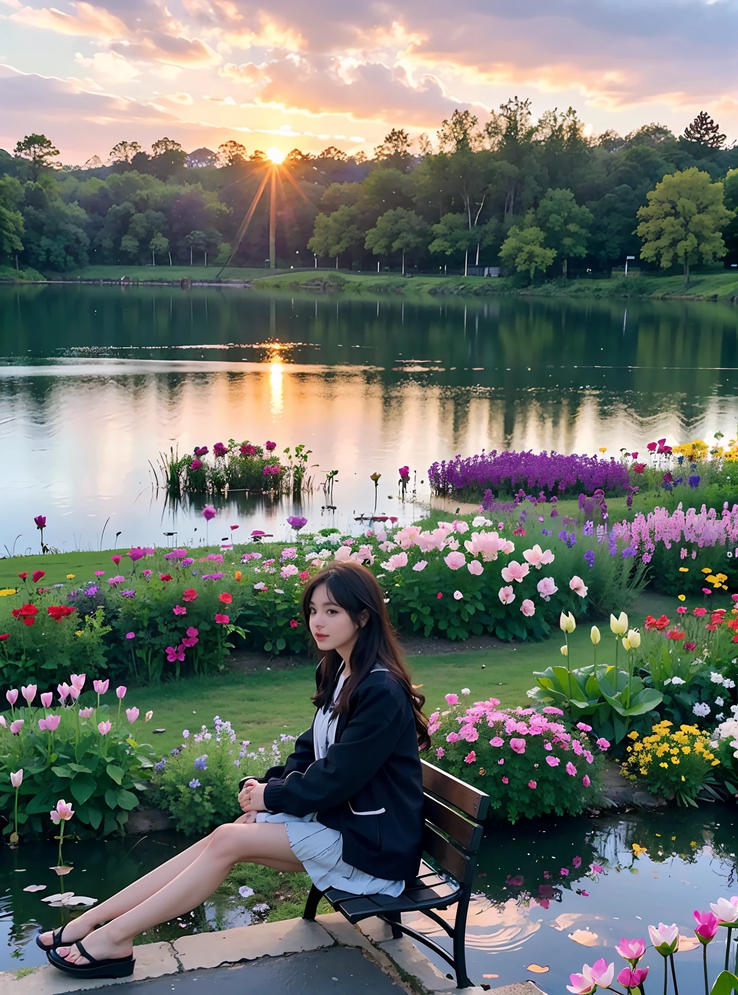 purple flowers in the foreground of a lake and a woman sitting on a bench, sitting with flowers, girl sitting in a flower field, in the evening, in a park and next to a lake, sitting at a pond, girl in a flower field, sitting in a field of flowers, early evening, spring evening, summer evening, flowers around, sitting on a lotus flower,realistic,high details