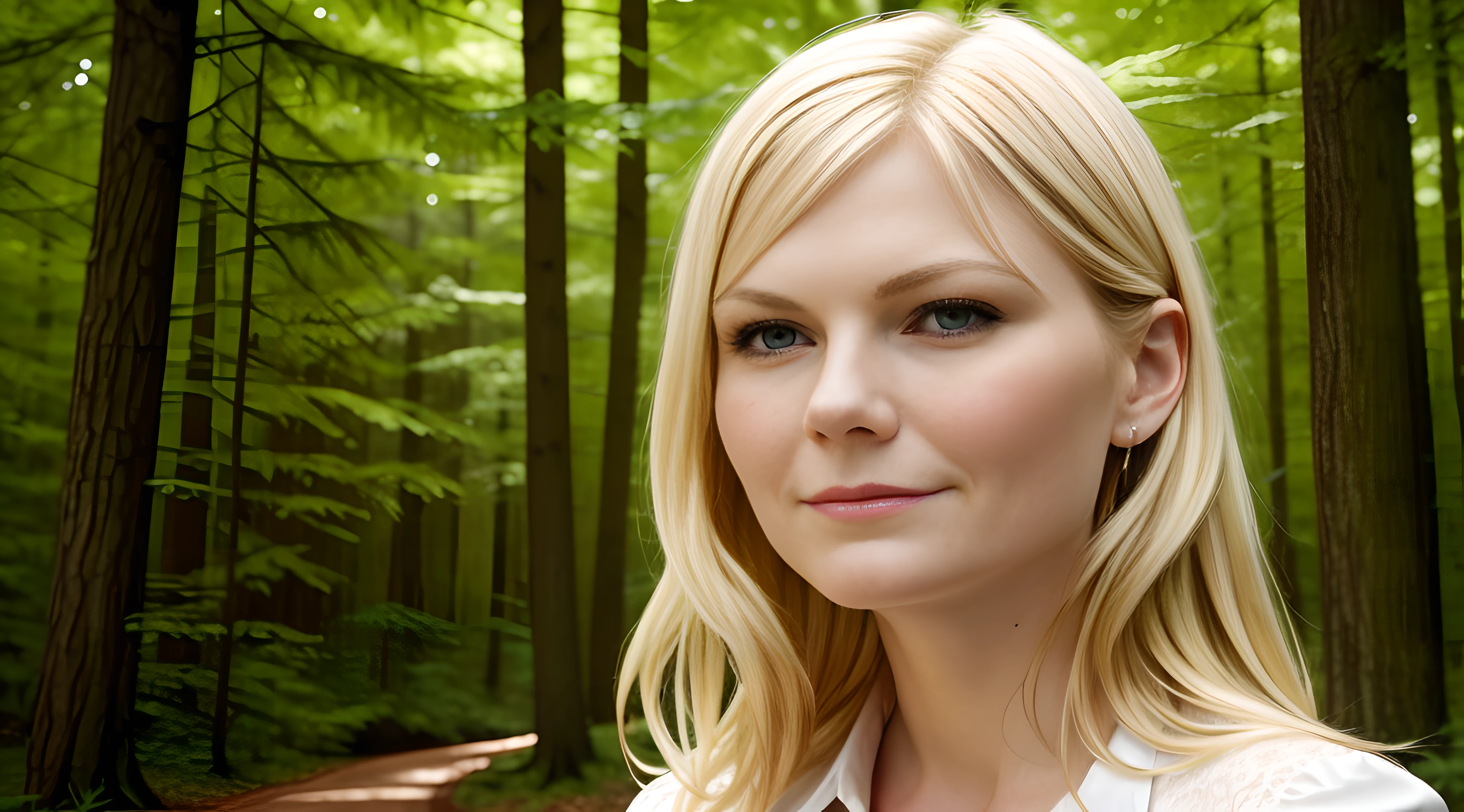 (((hd closeup photo))),one standing Kirsten Dunst looking at camera,25 years old,in forest