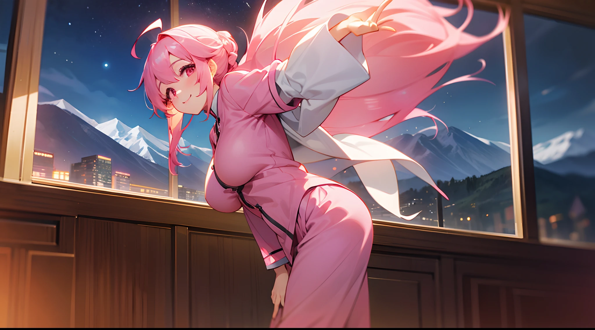 1 girl, game cg, pink pajamas, gigantic breasts, pink hair, long hair, hair up, princess hairstyle, ahoge, pink eyes, night, mountains, indoors, smiling, standing,