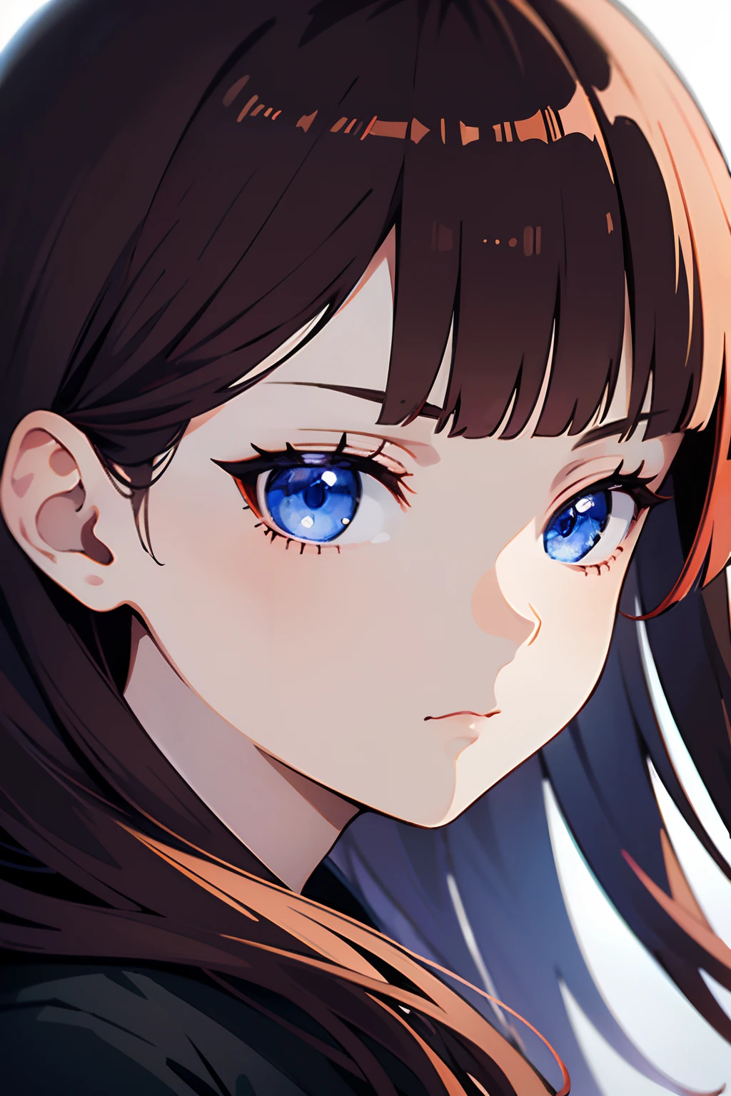 (best-quality:0.8), (best-quality:0.8), perfect anime illustration, extreme closeup portrait of a young girl with long dark red hair, blunt bangs, round face, pale skin, sad expression, blue eyes, black clothes