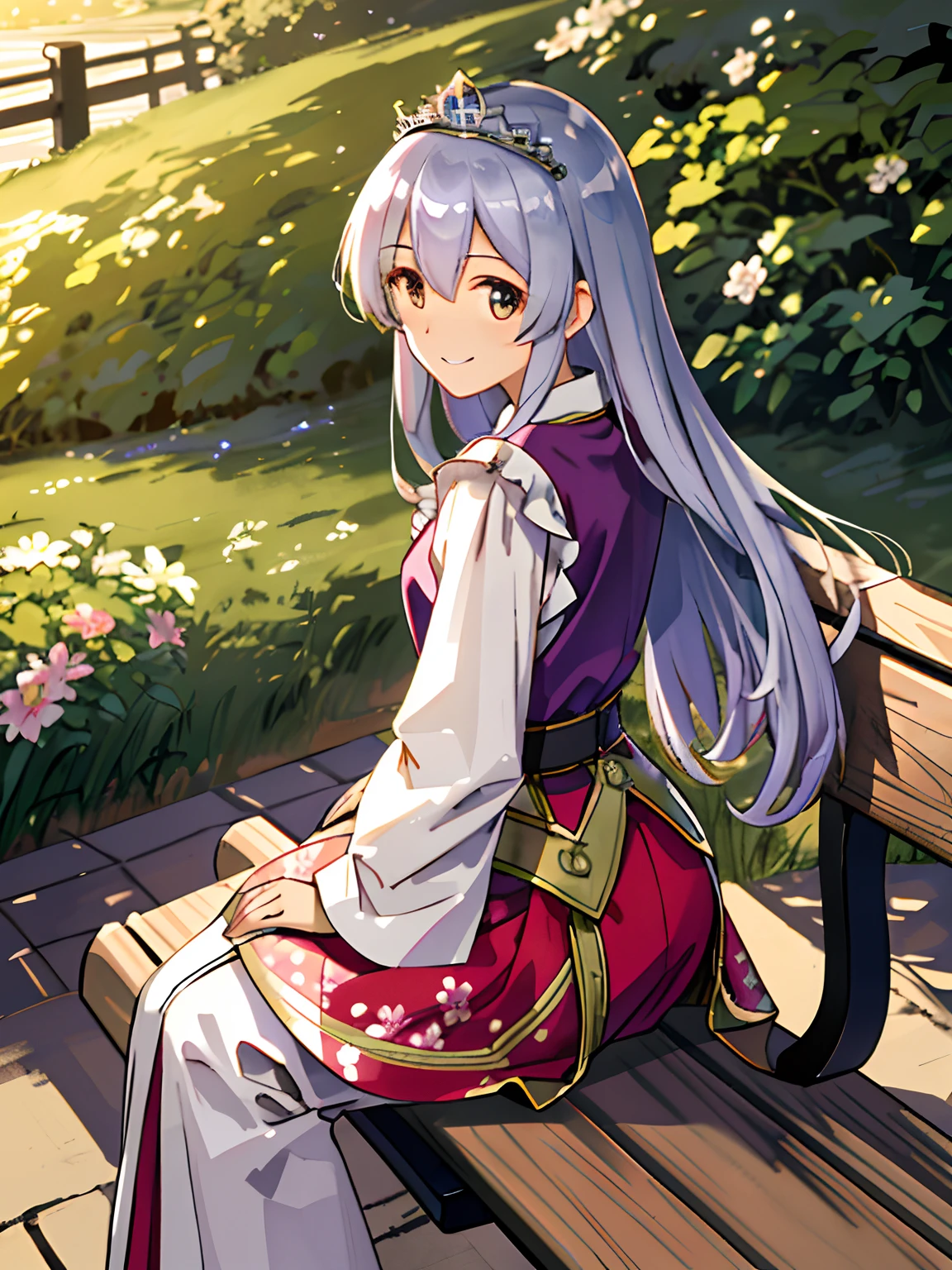 Best quality at best，High_Resolution，distinct_image，detailed back ground，Kizi，random wear，florals，nigh sky，Dutch angle，wide angles，smile shy，tiara crown，sitting on a bench，Head ahead