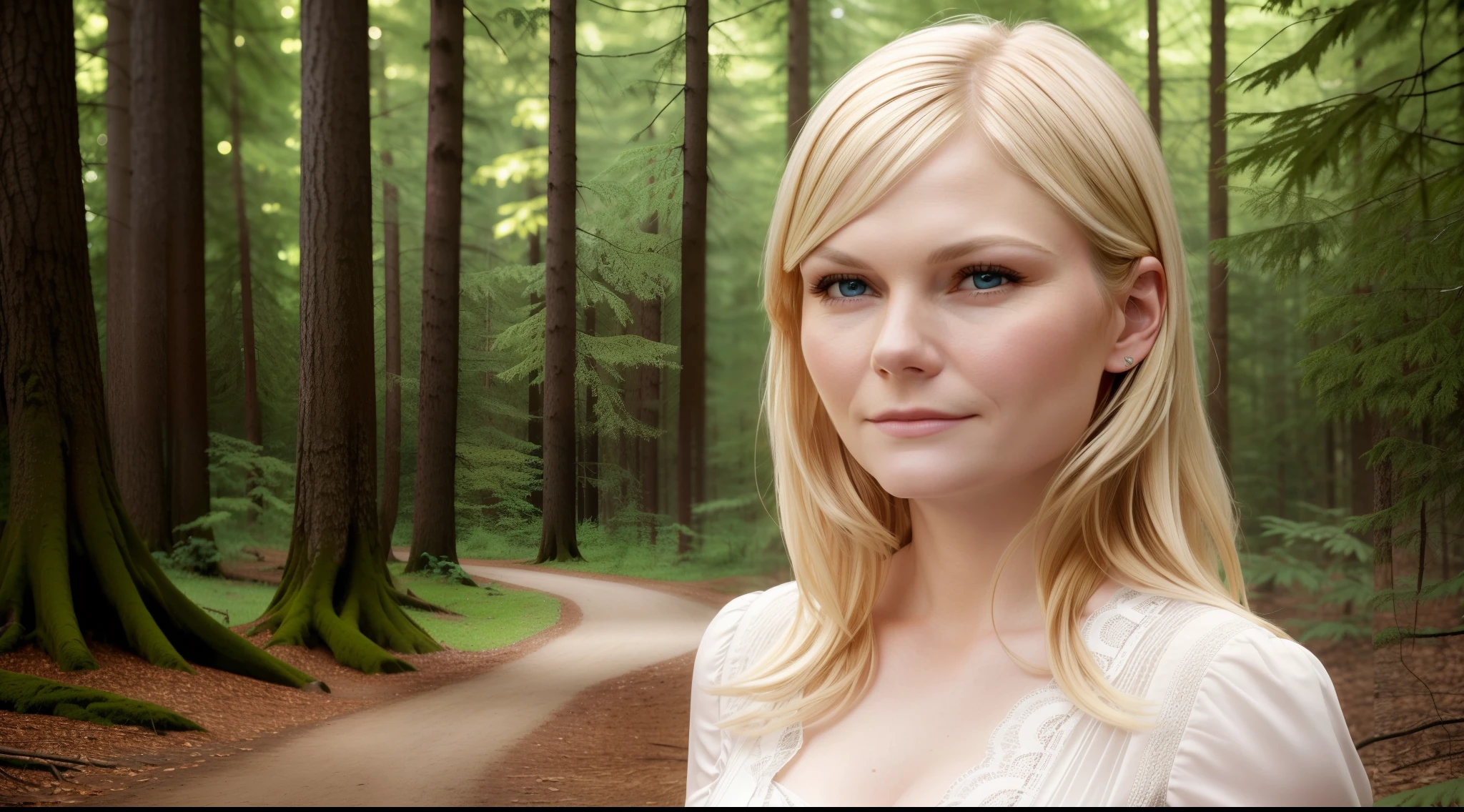 (((hd closeup photo))),one standing Kirsten Dunst looking at camera,25 years old,in forest