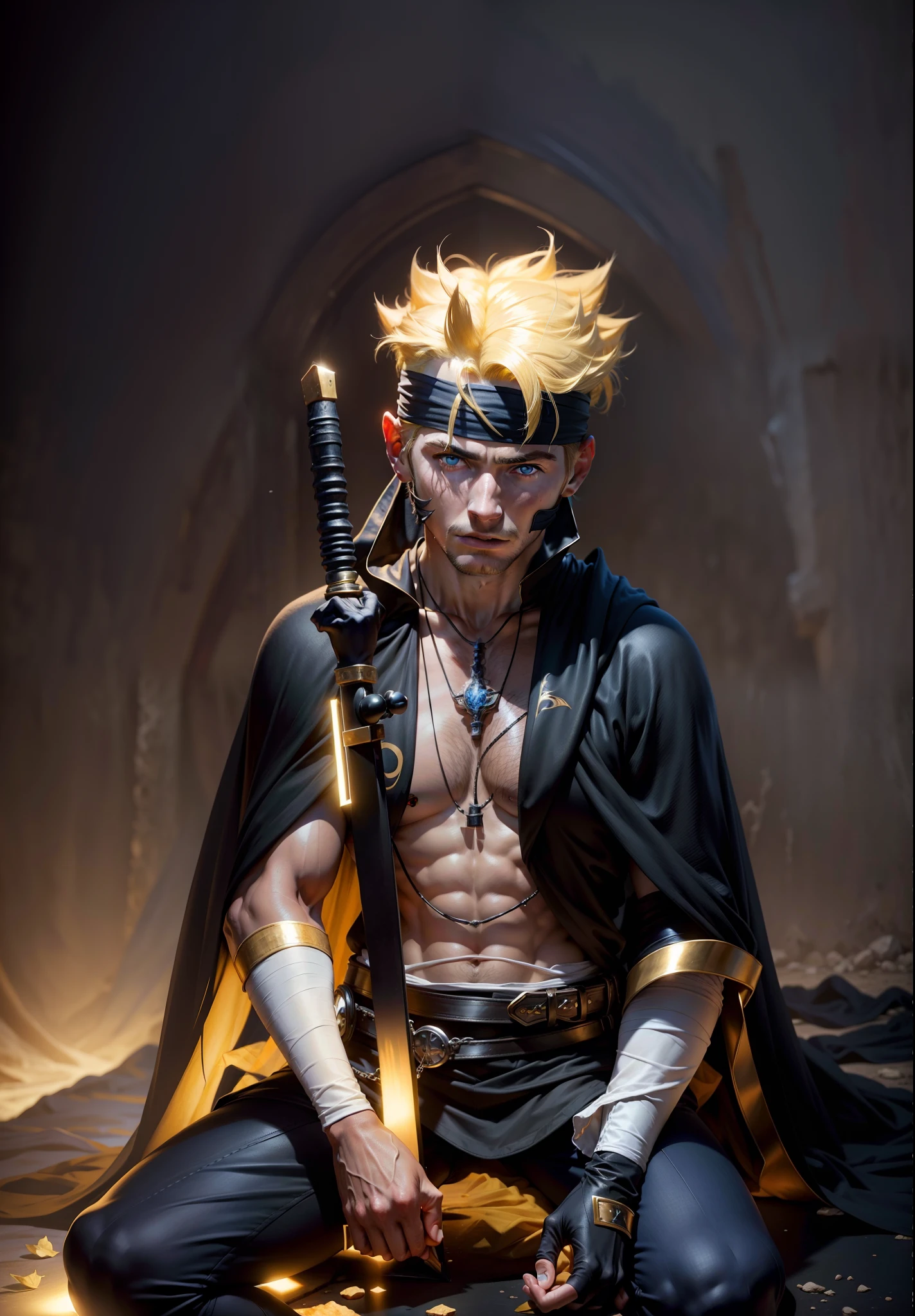 Best quality, masterpiece, ultra high res, (photorealistic:1.4), raw photo, 1man, blue eyes, white shirt, black cape, black gloves, necklace, ninja headband, yellow hair, glowing skin,