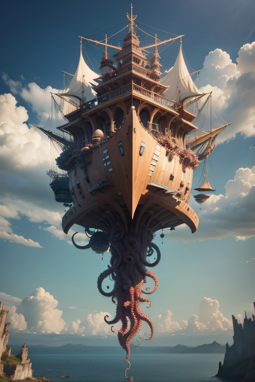 3D、HDR（down view）photorealistic beautiful（A flying ship made of flesh and blood：1.3）set on a（Multi-cloud floating base：1.3）Upp，Flesh and blood humanoid barnacles，music instrument，tentaculata，terroral，Flying wood，Flesh and blood products