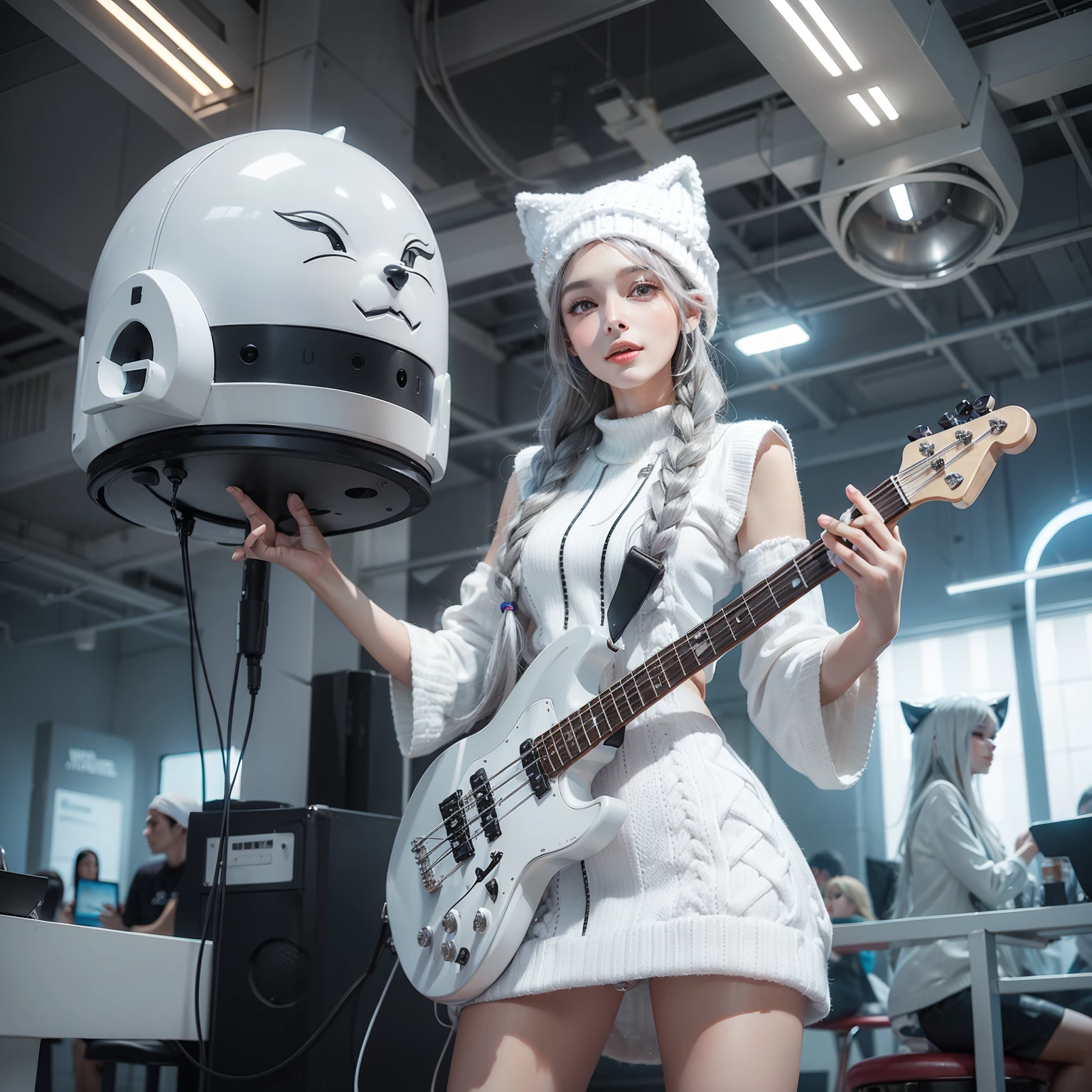 Seductive woman happy to raise her hand　Perfect beauty　Beautiful white skin　beautidful eyes　Look at viewers　Lustrous lips　Lovely smile　gray hair in braids　Knitted hat with a wolf face　Have an electric bass guitar　is standing　Futuristic lollipop costume designed in black and white　Functional　head phone　spaceships