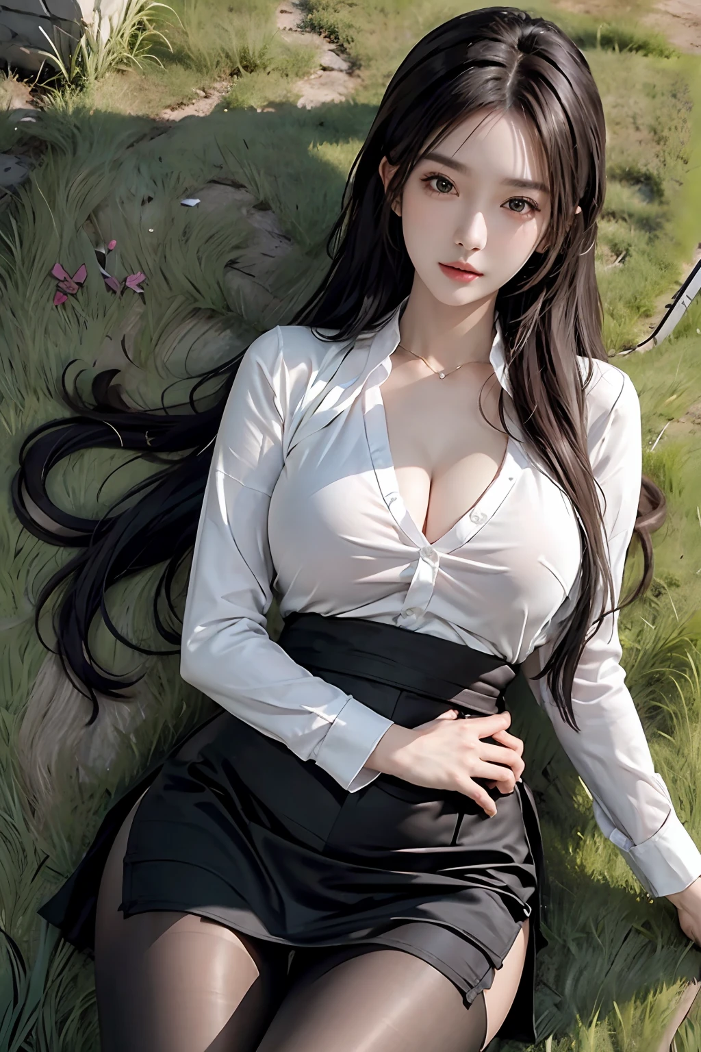 photorealistic, high resolution, soft light,1women, solo, hips up, look at viewer, (detailed face), long hair, lying on grass, see from below, show panties, see panties, secretary_uniform, black skirt, pantyhose, tattoo, jewelry