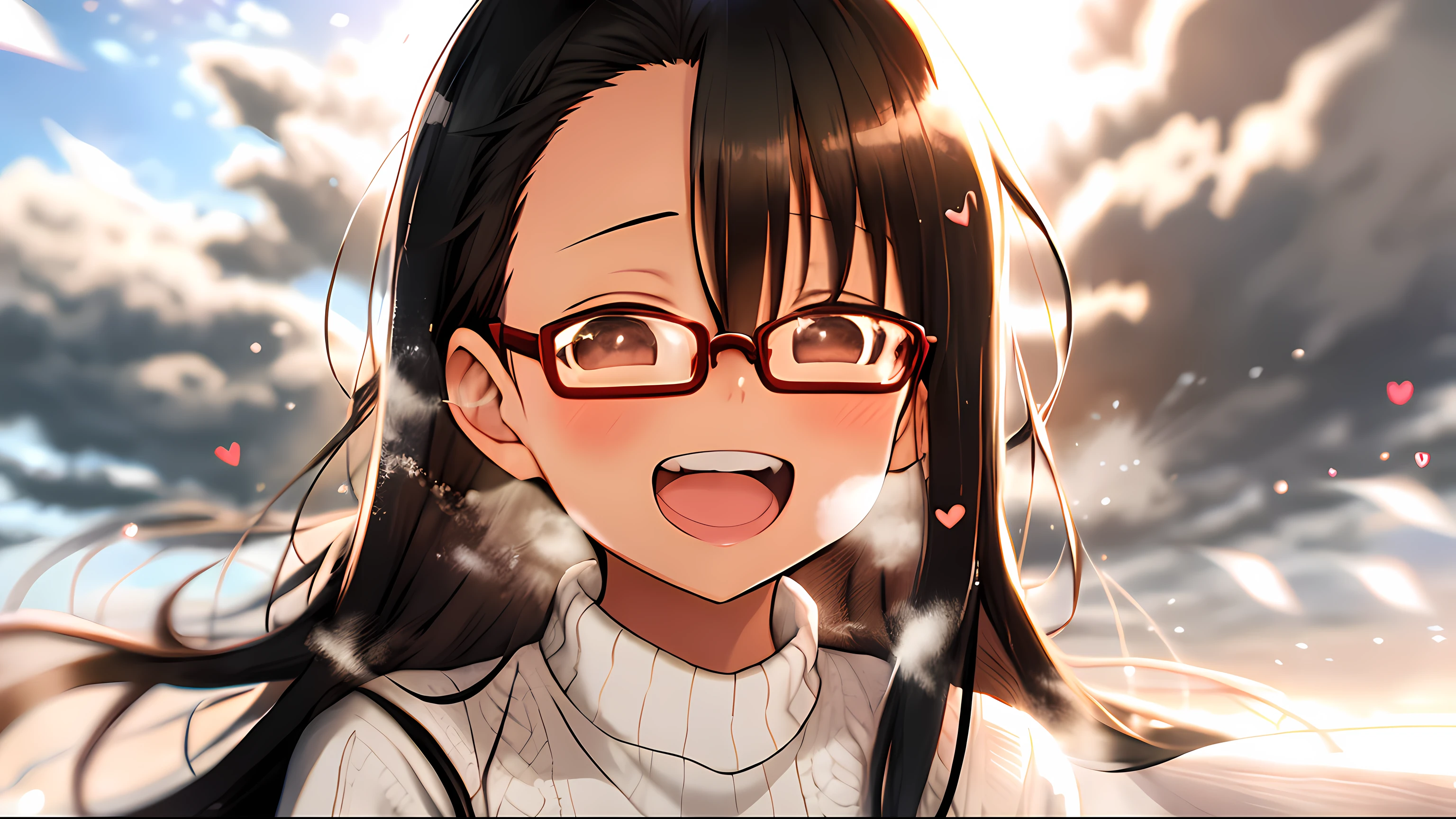 a girl, cosy sweater on, upper body, (huge Laughing:1.1), (open mouth:1.1), (wide open eyes:1.2), depth of field, blurry background, light particles, strong wind, (heart particles:1.1), ((glasses)), black hair, nagatoro, long hair, masterpiece