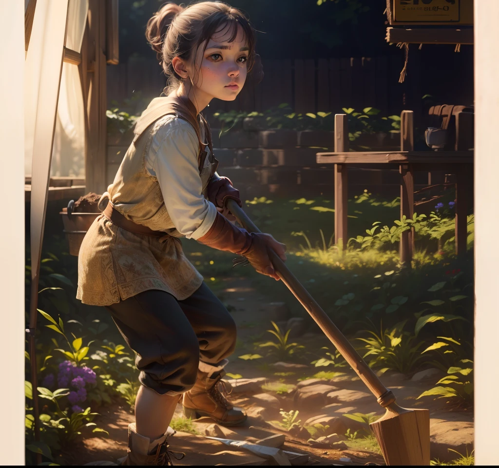 masterpiece, realistic, natural color, ultra details, full color, shallow depth of field, hd, (8k, RAW photo:1,2), hq, out door, holding a hoe, young woman, hate face, sleepy eyes, sunny, bright location