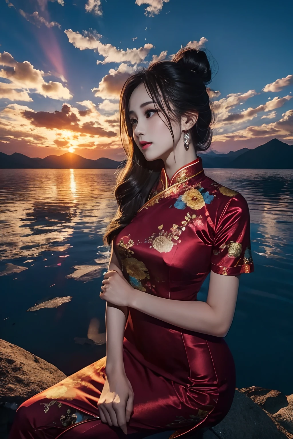 （RAW photos，best qualtiy，A high resolution），realisticlying，tmasterpiece，1girll，goddes，（Delicate facial features1.5），pretty  face，（Cheongsam beauty：2），full bodyesbian，（Red cheongsam），Had a beautiful sunset，A desert，dunhuang，Colorful sky，surreal colors，Colorful sunsets，Colorful sky，Marvelous sky reflections，stunning skies，dream like atmosphere 8k，Colorful flowing clouds，The color is reflected on the surface of the lake，surreal sky，Red and blue reflections，Fire reflection，beautiful sky，beautiful and spectacular dusk，Beautiful Dreamy Landscape，Amazing sky