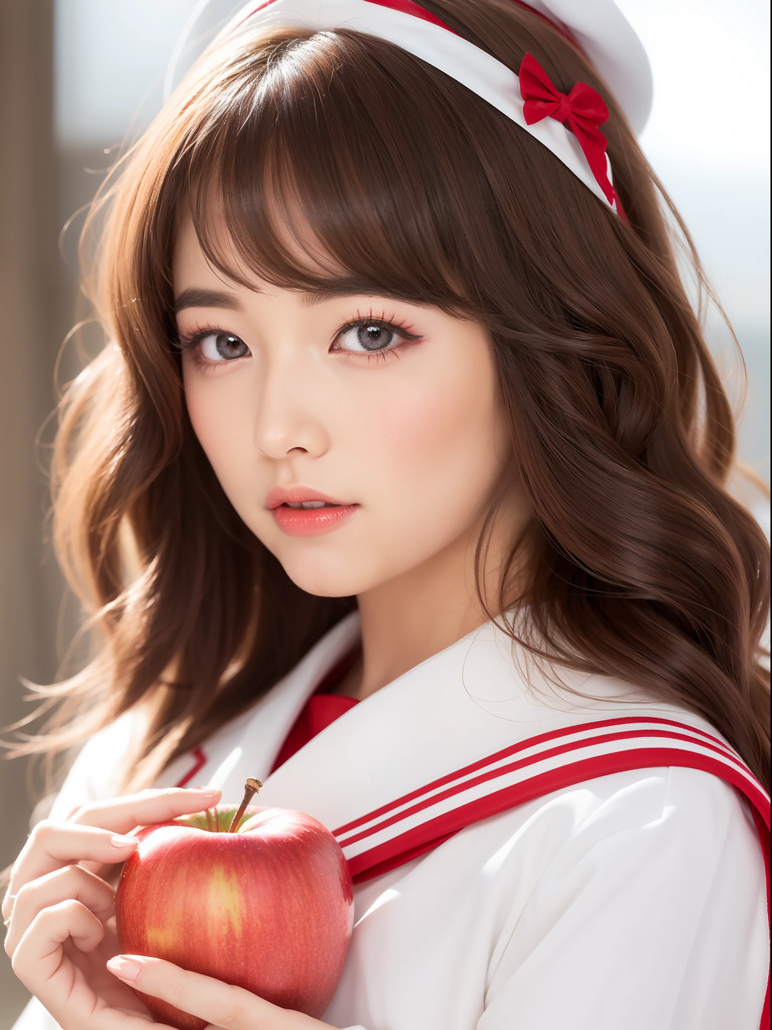 Large red bow hair ornament,(Blonde hair:1.3), (A lot of hair:1.3), (detailed hairs:1.2),Beautiful woman holding shiny big red apple,White sailor suit,3Drenderingof