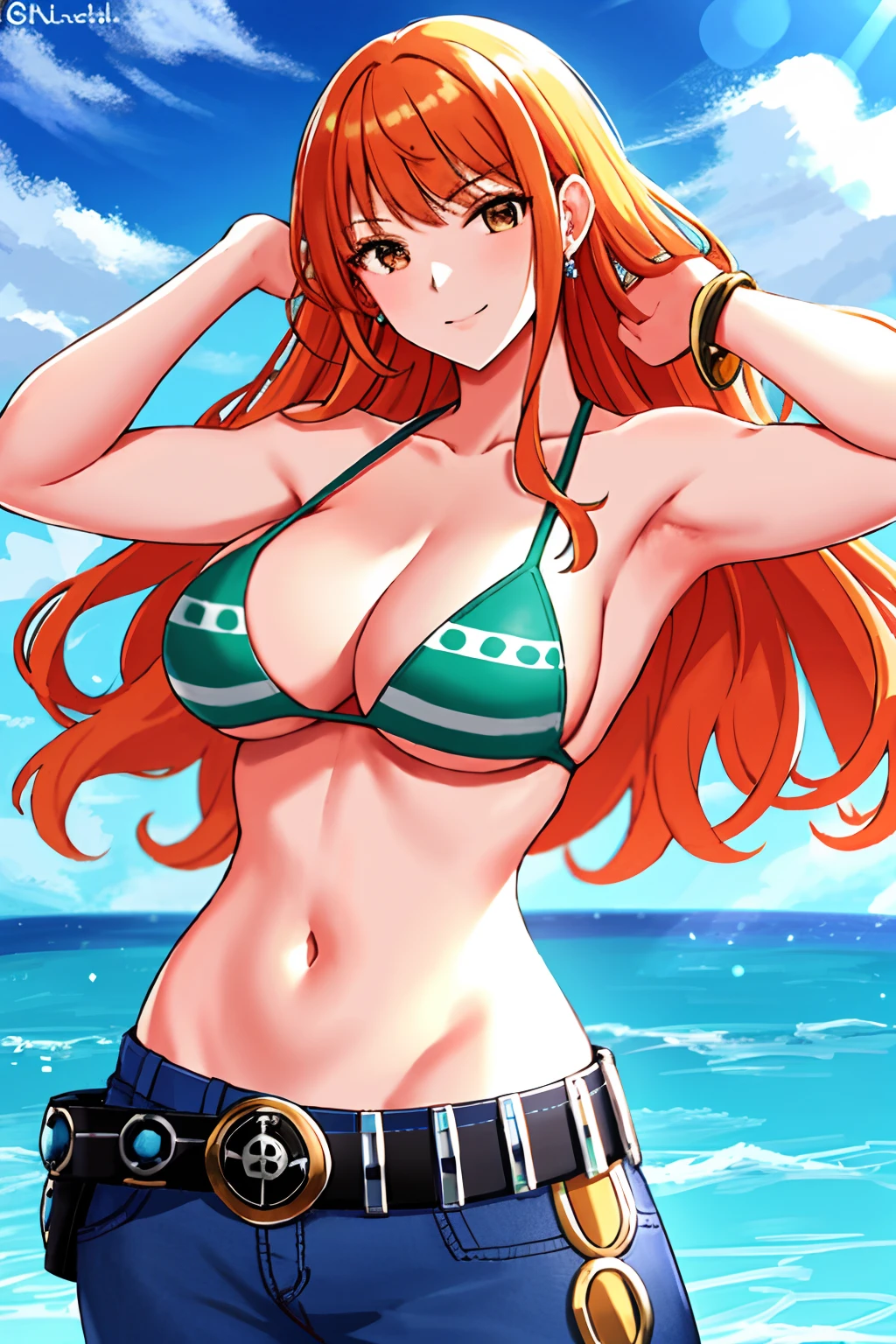 detailed background, masterpiece, 2k, center on face, nip slip, best quality, 1girl, solo, nami \(one piece\), 1girl, bangle, hands out of frame, detailed arms, strong arms, muscular body, flex muscles, seductive, bangs, bare shoulders, belt, bikini, bikini top only, blue sky, bracelet, breasts, brown eyes, bubble, cleavage, cloud, cowboy shot, day, denim, earrings, floating hair, green belt, green bikini, groin, jeans, jewelry, large breasts, log pose, long hair, looking at viewer, navel, orange hair, pants, shoulder tattoo, sidelocks, sky, smile, solo, standing, stomach, swimsuit, tattoo