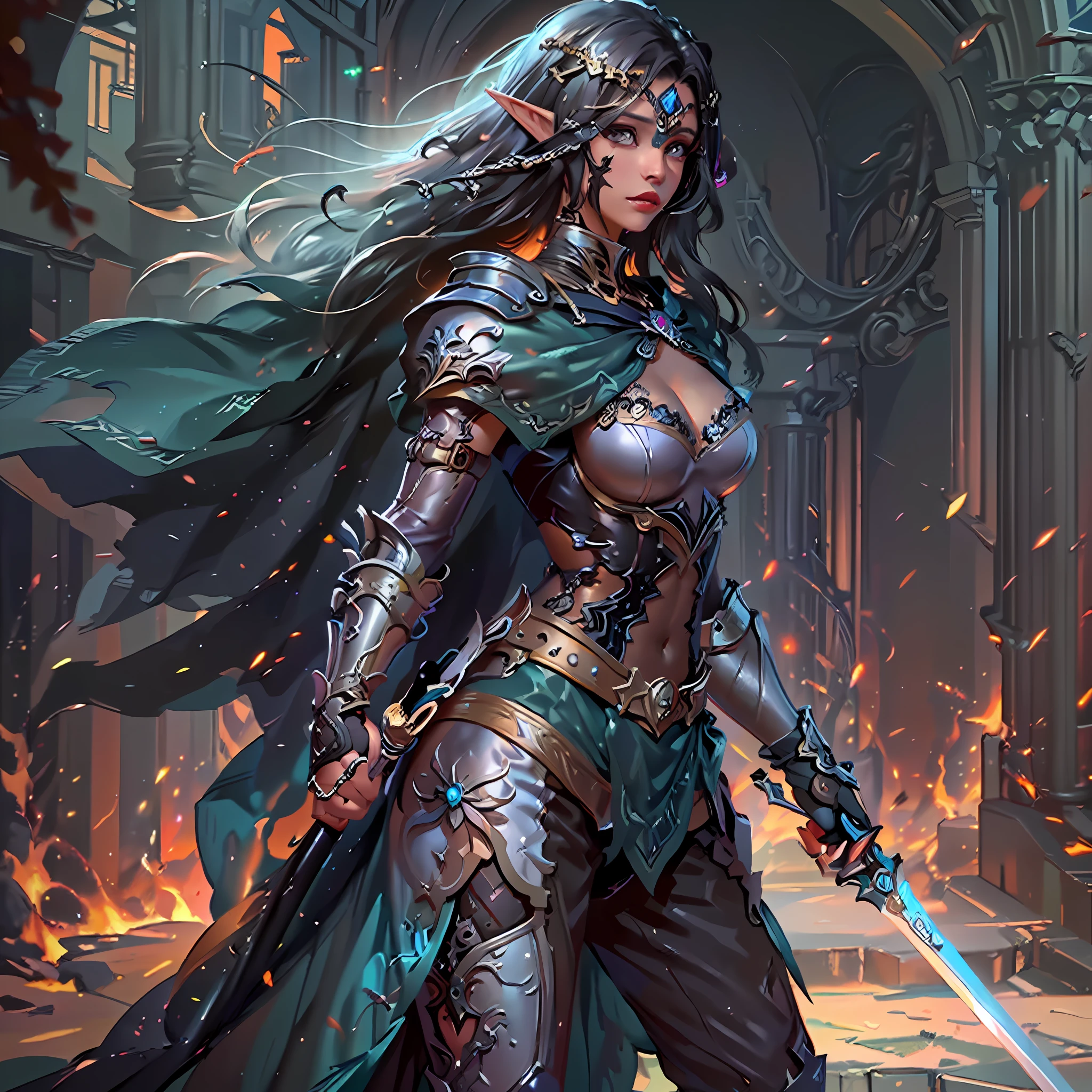 arafed a picture of a female elf (intense details, Masterpiece, best quality: 1.5) fantasy swashbuckler, fantasy fencer, armed with a slim sword, fantasysword sword, metallic shine, colorful clothes, an ultra wide shot, full body (intense details, Masterpiece, best quality: 1.5)epic beautiful female elf (intense details, Masterpiece, best quality: 1.5), [[anatomically correct]],  rich hair, braided hair, long hair, small pointed ears, fantasy urban street (intense details, Masterpiece, best quality: 1.5),  purple cloak  (intense details, Masterpiece, best quality: 1.5), long cloak (intense details, Masterpiece, best quality: 1.5), elven leather armor (intense details, Masterpiece, best quality: 1.5) sense of daring, sense of adventure, controlling a swirling colorful magic runes (intricate details, Masterpiece, best quality: 1.5), manipulating colorful magical runes (intense details, Masterpiece, best quality: 1.5) high details, best quality, 8k, [ultra detailed], masterpiece, best quality, (extremely detailed), dynamic angle, ultra wide shot, photorealistic, RAW, fantasy art, dnd art, fantasy art, realistic art,