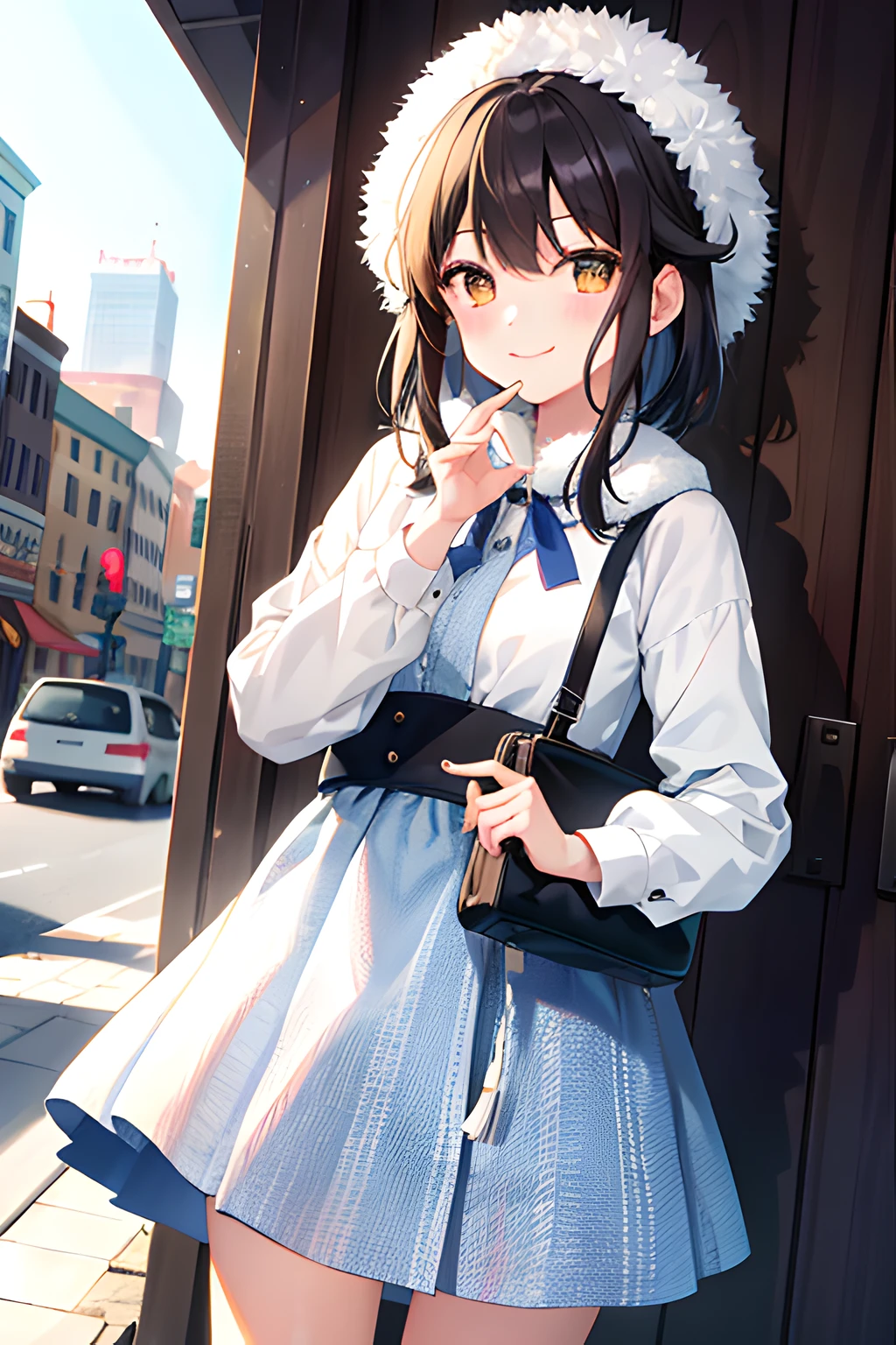 (morning), 1girl, 独奏, 看着观众, winter, cowboy shot, (downtown), cowboy shot, smile, black hair
