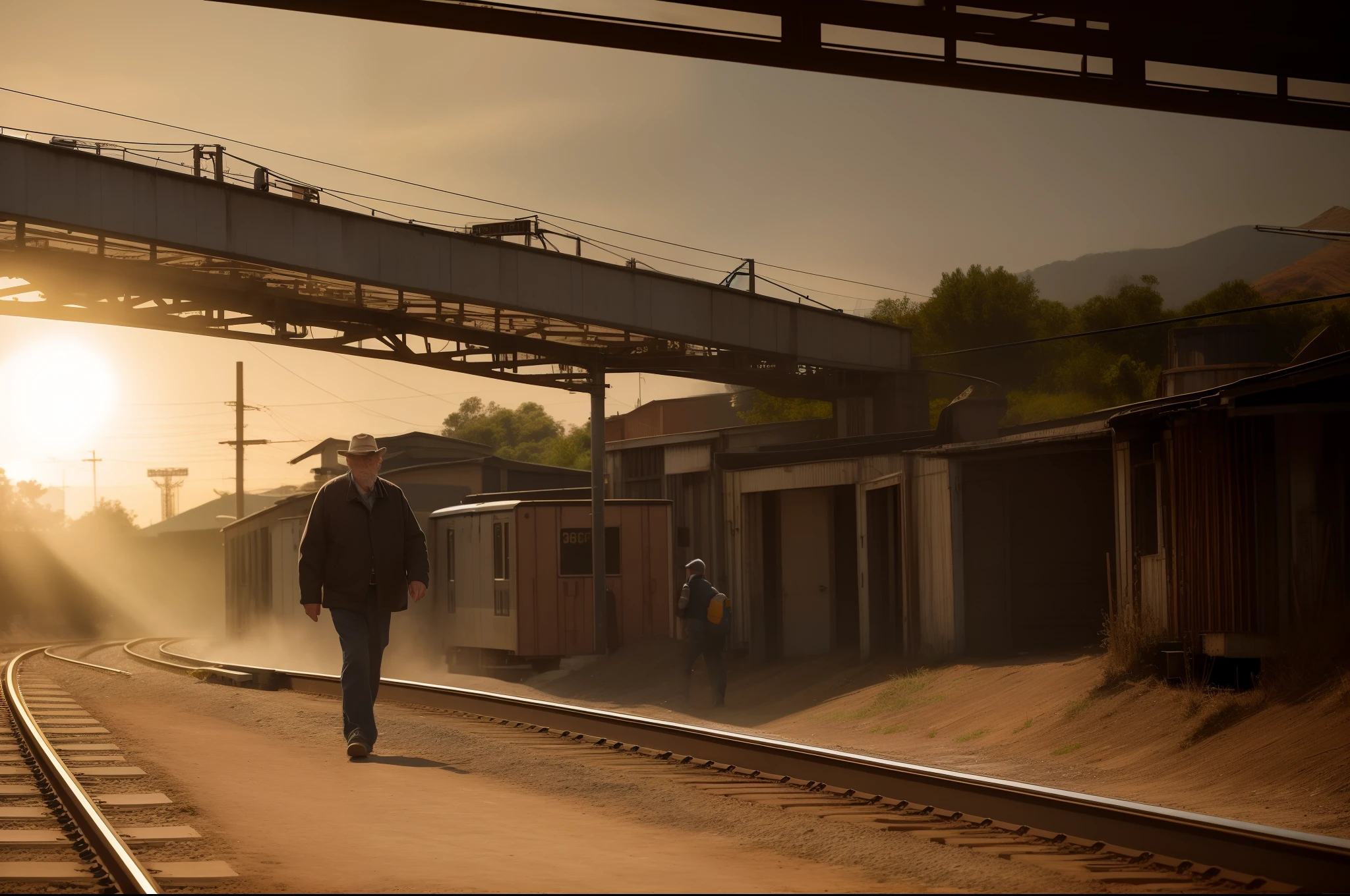 Thought the old man was walking through the train tracks, Afternoon sun, From the side Side, Atmospheric perspective, Depth of field, Cinematic lighting, Ray tracing, god light, hyper HD, Masterpiece, Super detail, High details, Best quality