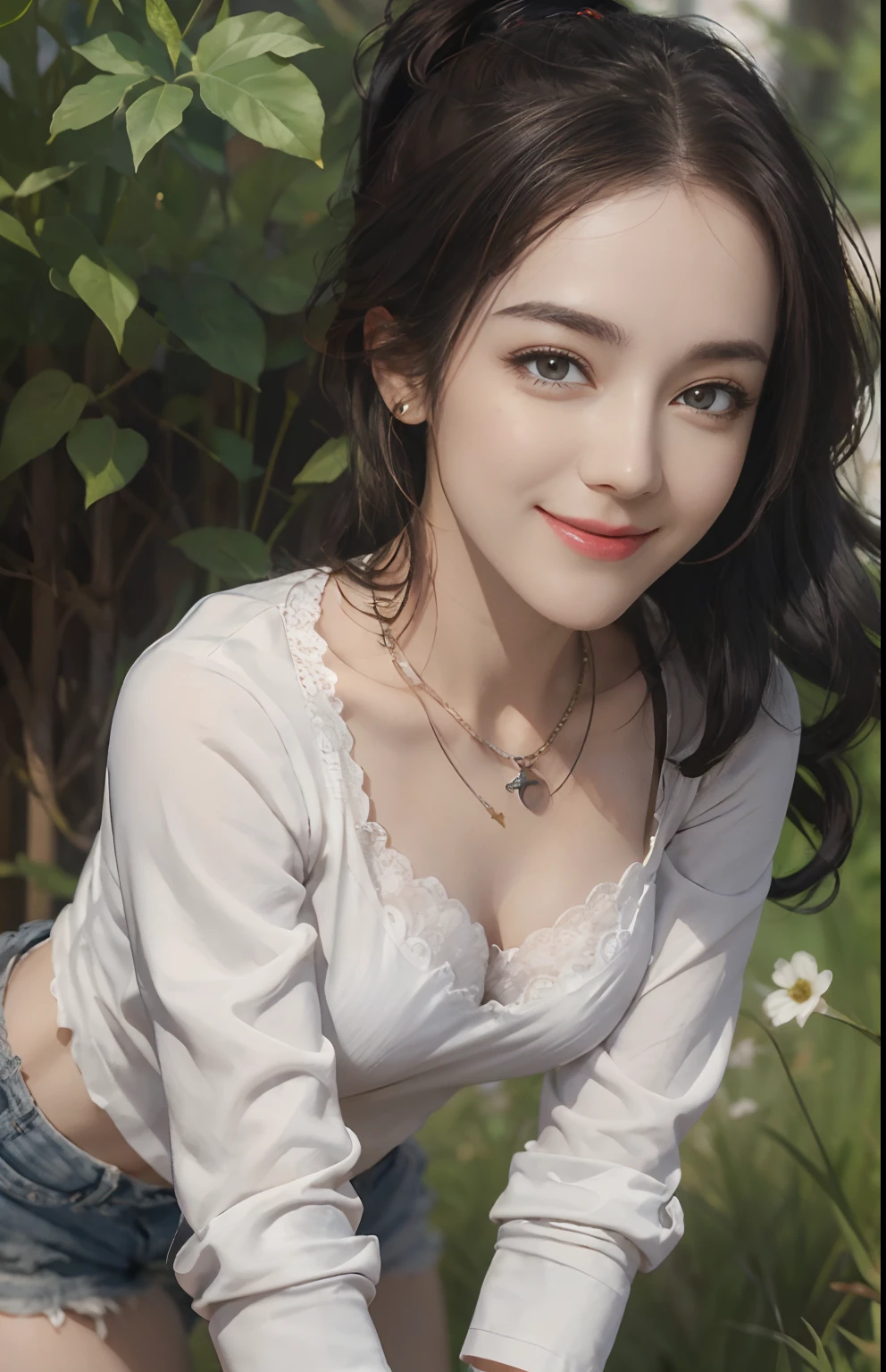 (Ultra Realistic), (Illustration), (High Resolution), (8K), (Very Detailed), (Best Illustration), (Beautiful and Detailed Eyes), (Best Quality), (Ultra Detailed), (Masterpiece), (Wallpaper), (Detailed Face), One Girl, Look Front, Fine Details, Detailed Face, Low Key, pureerosfaceace_v1, Dark Eyeliner, Bangs, Big, (Best Quality, 8k, 32K, Masterpiece) 1gril, brown ponytail, large breasts, (detailed white loose shirt: 1.5), shorts, cleavage, shirt with white collar, necklace, (detailed lace bra: 1.1), (slouch: 1.8), smile, get on all fours, look down,
