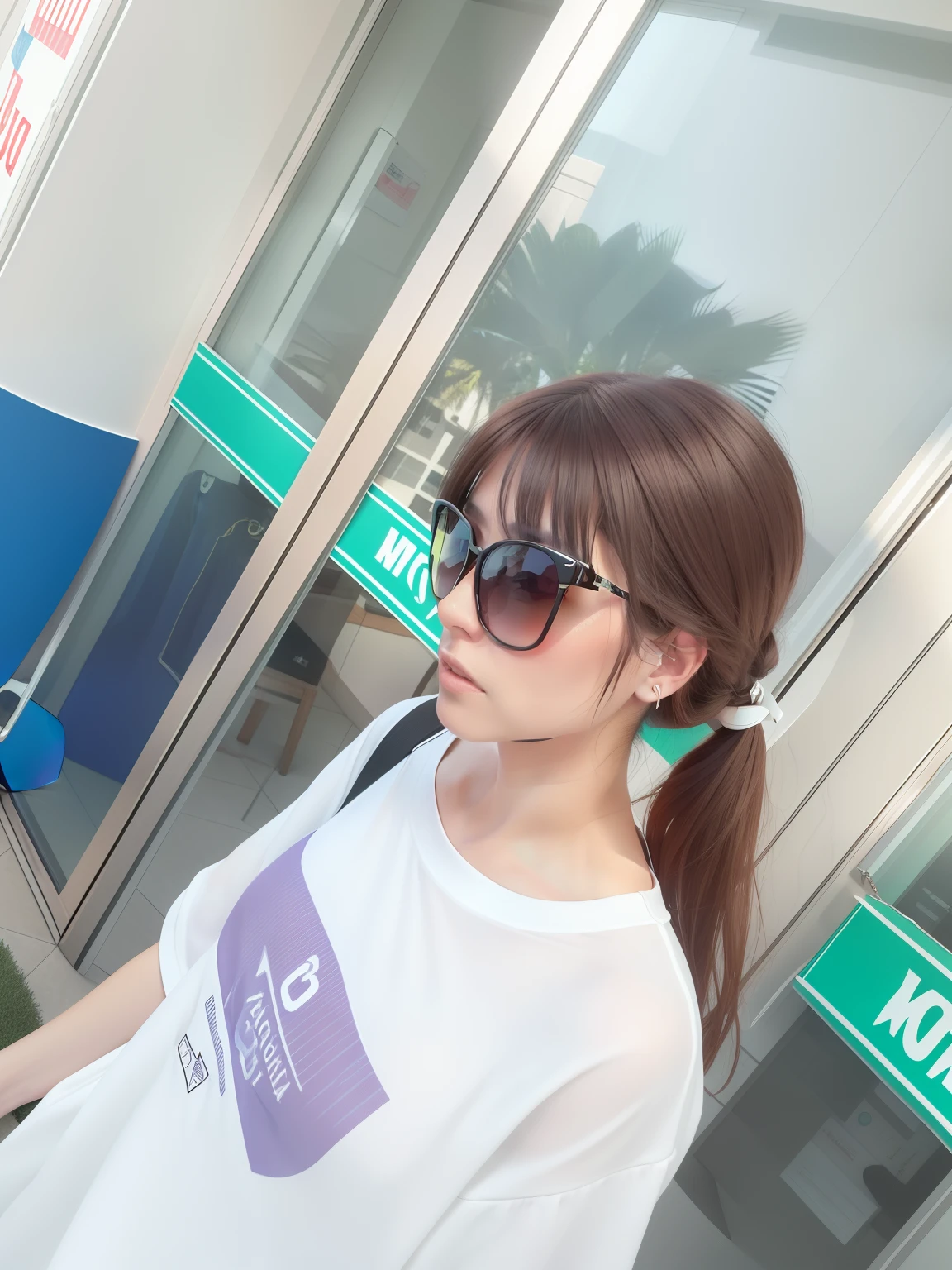 Woman in sunglasses talking on the phone in front of the store, with sunglass, With sunglasses, wears sunglasses, [ Realistic photo ]!!, with mirrorshades sunglasses, wearing 3 d glasses, vr sunglasses, sun glasses, A macular woman dressed in white, digital sunglasses, Wearing sunglasses, full - length view. white plastic, chiho