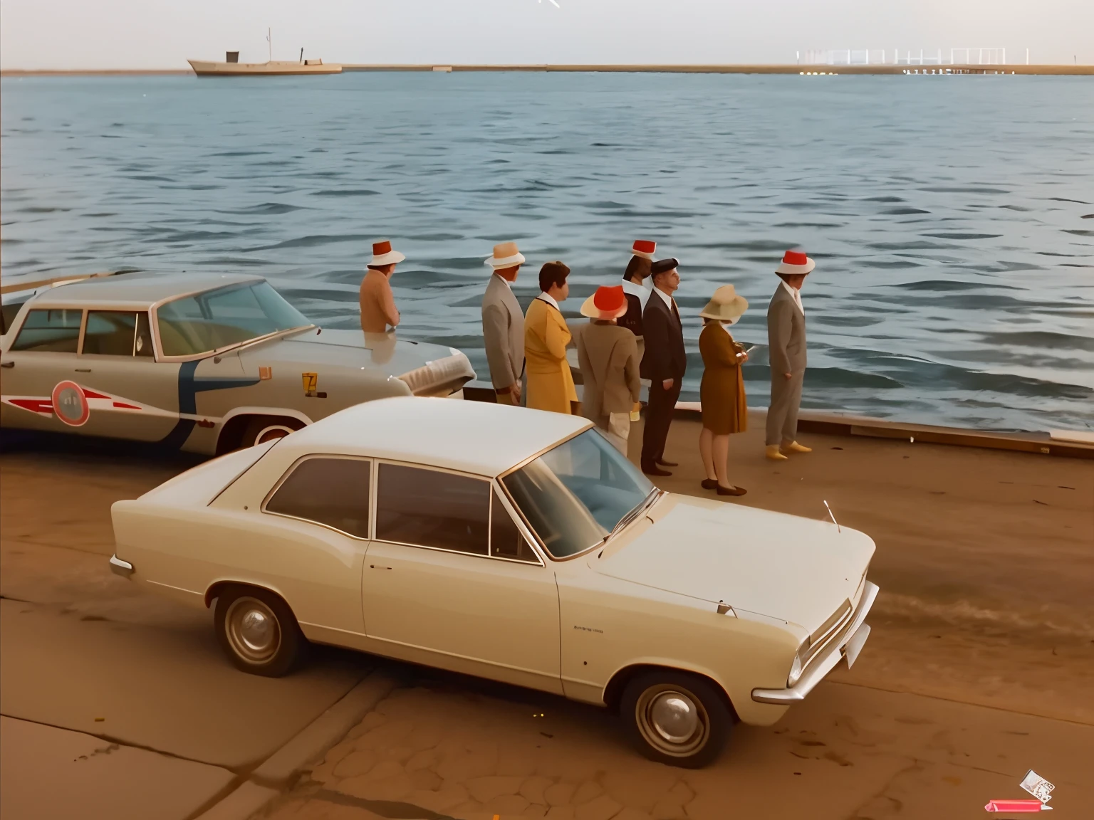 Several people stood around a car on a dock near the water's edge, wes anderson film screenshot, still from a wes anderson film, still from a wes anderson film, movie screencap, screenshots from movies, from a movie scene, still from a music video, hyperreal movie shot, opening scene, movie screen shot, in roger deakins style, wonderful scene