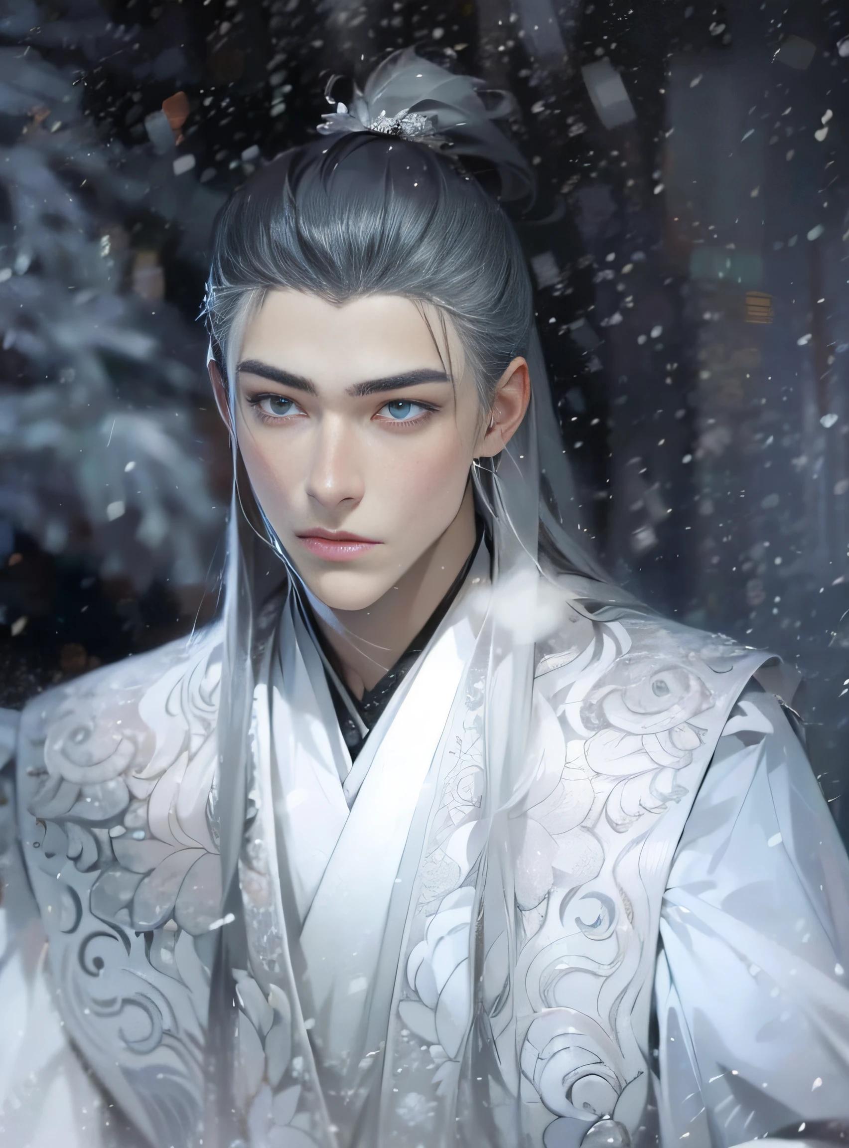 A young and handsome man,whaite hair,Cold,Drifting snowflakes,Background bokeh