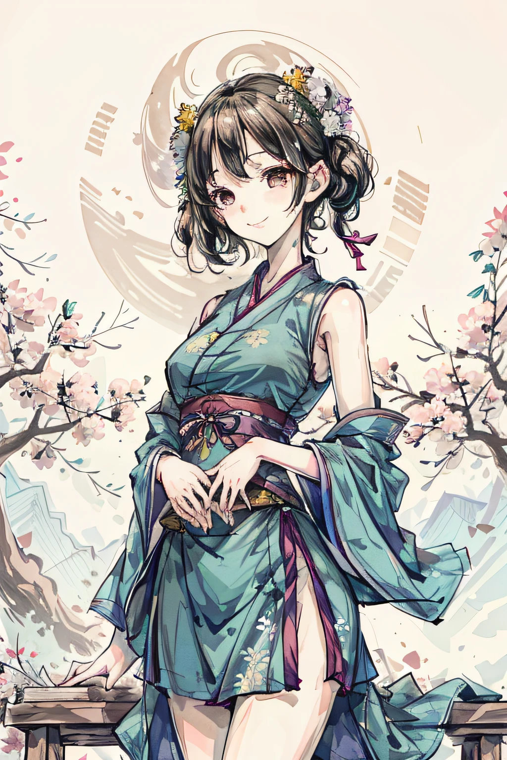 (masterpiece), best quality, good anatomy, shuimobysim, (1 girl: 1), (upper body), (smile), short hair, (hanfu), (ecchi0.5), (trees: 0.5), (flowers: 0.6), (full breasts: 1.0), (full body: 1.2), moon, summer, looking at the moon in the house, bed,