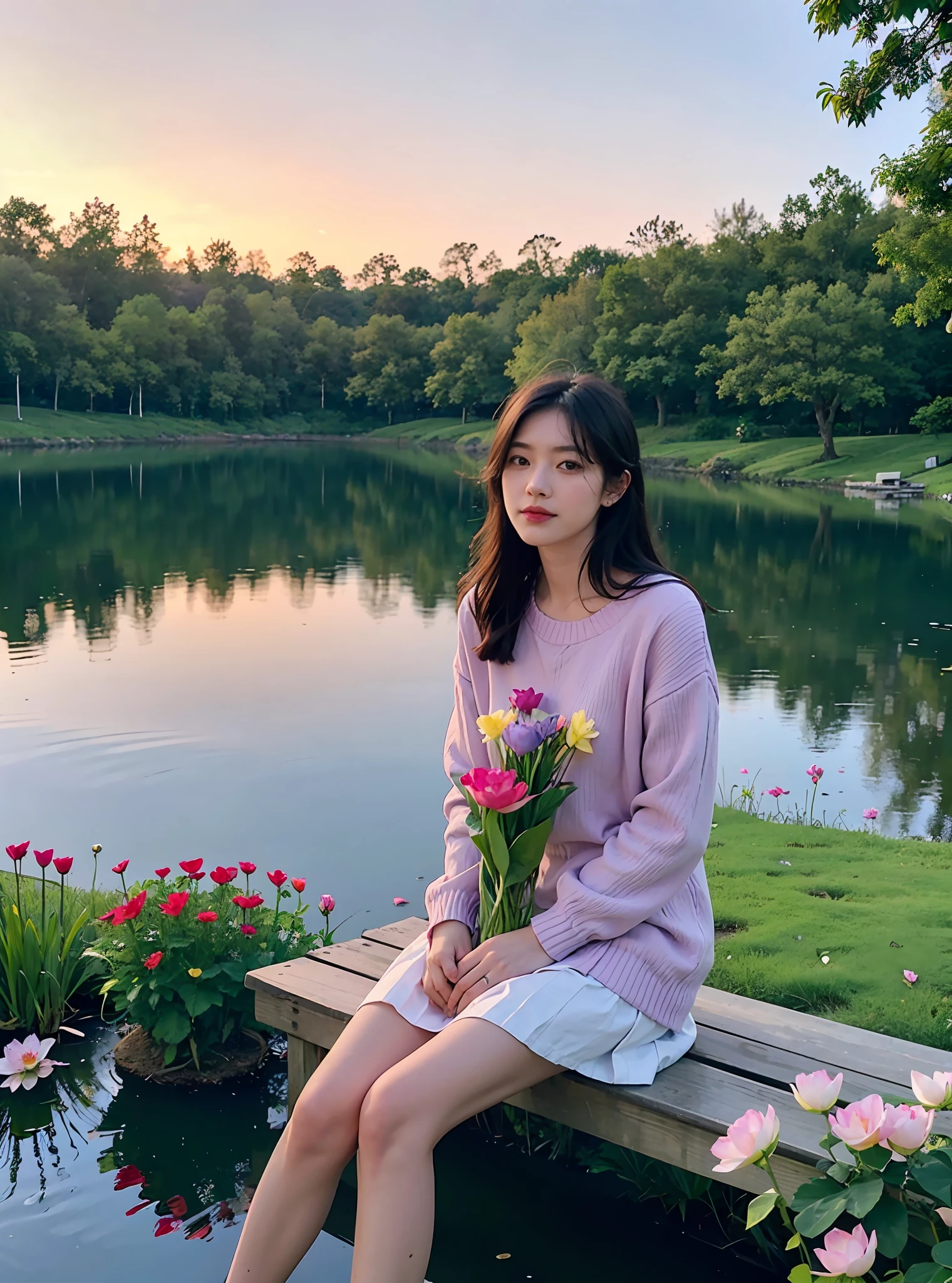 purple flowers in the foreground of a lake and a woman sitting on a bench, sitting with flowers, girl sitting in a flower field, in the evening, in a park and next to a lake, sitting at a pond, girl in a flower field, sitting in a field of flowers, early evening, spring evening, summer evening, flowers around, sitting on a lotus flower,realistic,high details