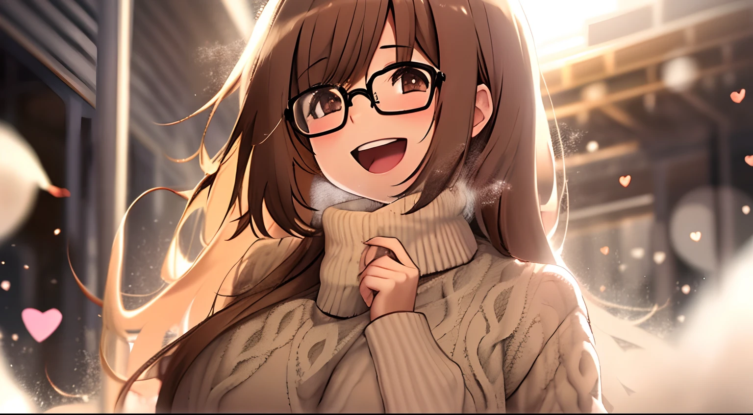 a girl, cosy sweater on, upper body, (huge Laughing:1.1), (open mouth:1.1), (wide open eyes:1.2), depth of field, blurry background, light particles, strong wind, (heart particles:1.1), ((glasses)), brown hair, long hair, masterpiece