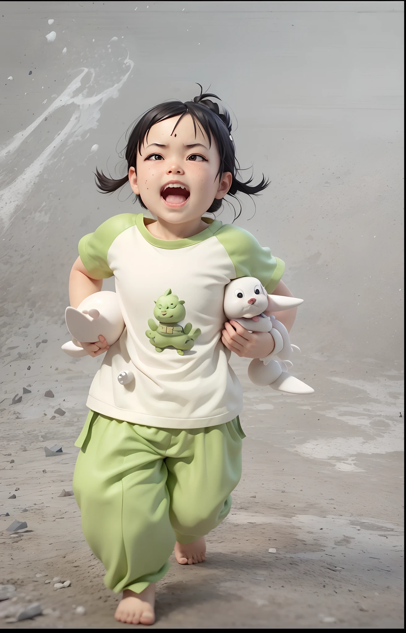 bit girl,The face is slightly chubby,The face was clean,Holding a puppy in his left and right hands,black super short hair,Black eyes,,Akira Toriyama with Mark Clairenden and Pixar and Hayao Miyazaki 3D character design,The illustration is a high-definition illustration in 4K resolution,With very detailed facial features and cartoon-style visuals。