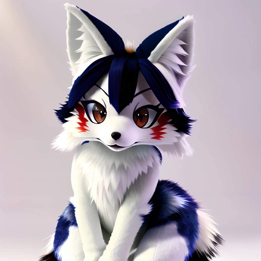 RAW photo, uhd, DSLR, high quality, realistic, photo realistic, dreamlikeart, lens flare, standing, upper body, looking at viewer, animal focus, furry, animal costume, wolf, cute, kawaii, cute, cute, fur, fur head, narrow waist, fox ears, paws, paw shoes, white fur, slim figure, flat chest, thigh notched, navy blue hair