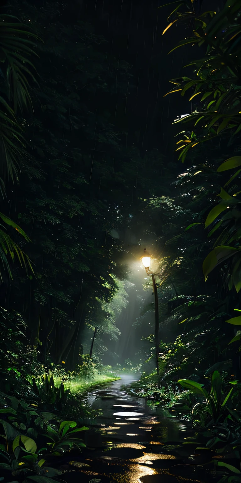 Jungle, heavy rainfall, monochrome, vines everywhere, huge and humid trees, masterpiece, best quality, high quality, very detailed CG unified 8k wallpaper, oil painting, award-winning photography, bokeh, depth of field, HDR, bloom, color difference, realism, very detailed, trends on artstation, trends on CGSociety, intricate, high detail, drama, midjourney art, volumetric lighting