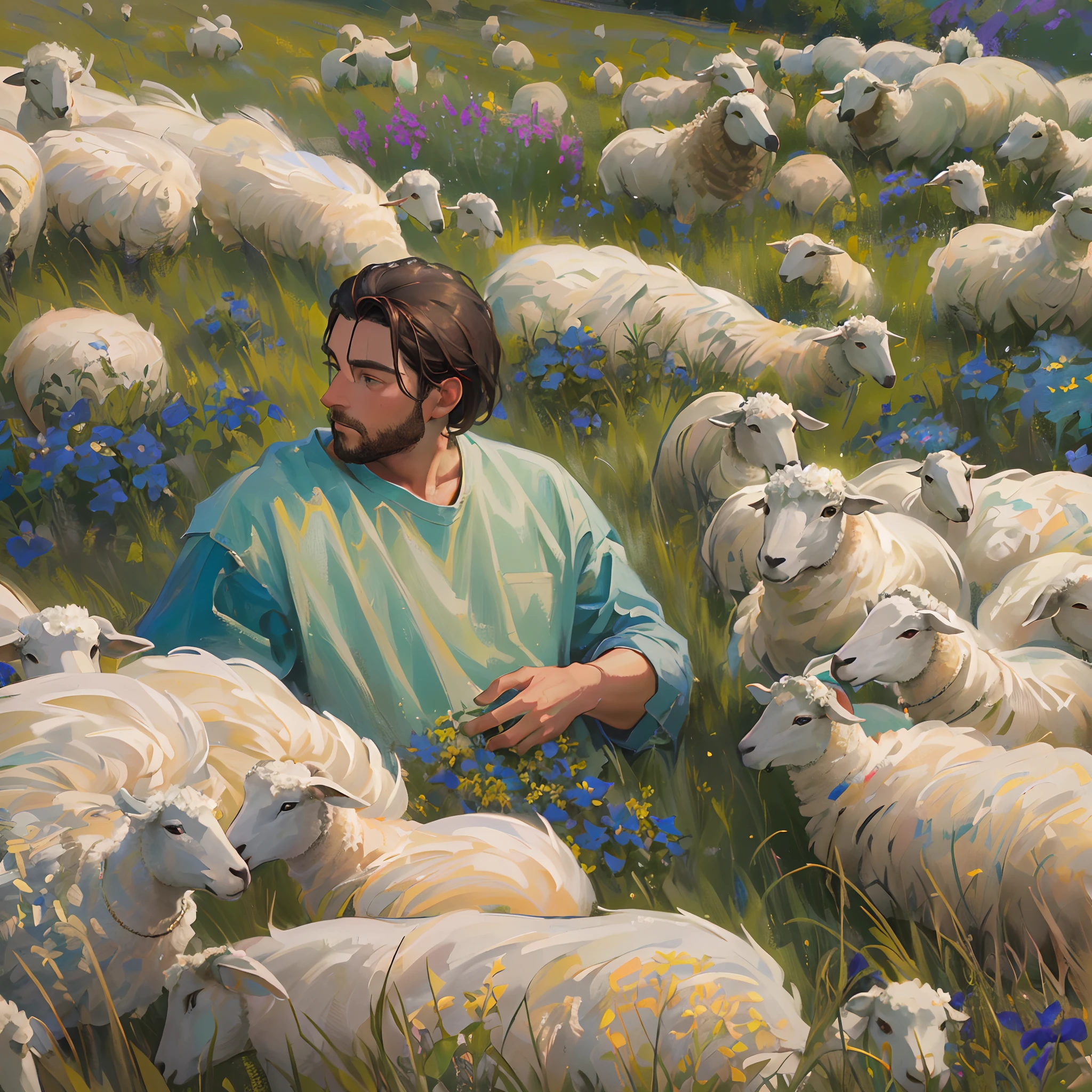 high details, best quality, 8k, [ultra detailed], masterpiece, best quality, (extremely detailed), dynamic angle, ultra wide shot, photorealistic, RAW,  realistic art, a wide angle picture of a man watching over his flock of sheep in a green pasture, with blue flowers, under clear sky with some clouds, a young man, beautiful man (intense details, Masterpiece, best quality: 1.5), dynamic hair, dynamic eyes,  (intense details, Masterpiece, best quality: 1.5), green pasture, green meadows (intense details, Masterpiece, best quality: 1.5), many blue flowers (intense details, Masterpiece, best quality: 1.5), pastoral atmosphere, sunny days, few small clouds, sun rays,