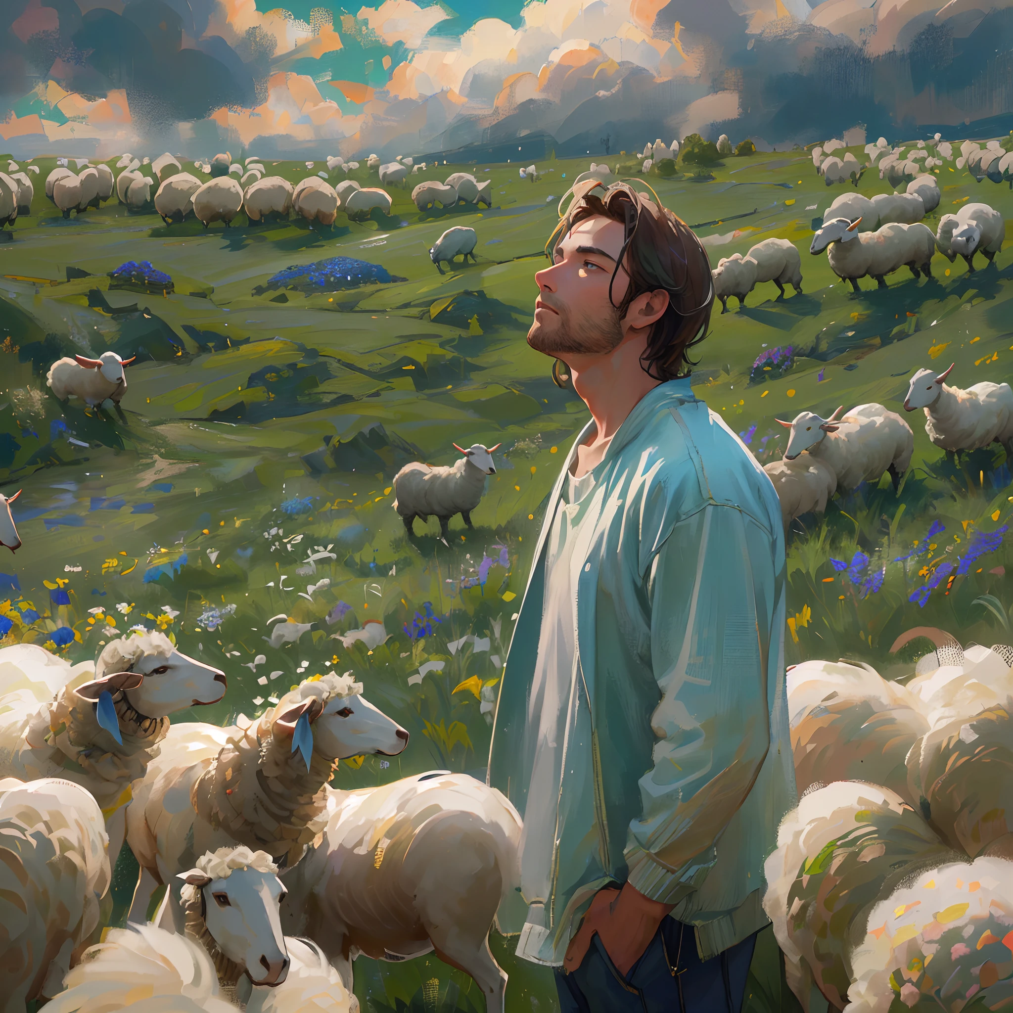 high details, best quality, 8k, [ultra detailed], masterpiece, best quality, (extremely detailed), dynamic angle, ultra wide shot, photorealistic, RAW,  realistic art, a wide angle picture of a man watching over his flock of sheep in a green pasture, with blue flowers, under clear sky with some clouds, a young man, beautiful man (intense details, Masterpiece, best quality: 1.5), dynamic hair, dynamic eyes,  (intense details, Masterpiece, best quality: 1.5), green pasture, green meadows (intense details, Masterpiece, best quality: 1.5), many blue flowers (intense details, Masterpiece, best quality: 1.5), pastoral atmosphere, sunny days, few small clouds, sun rays,