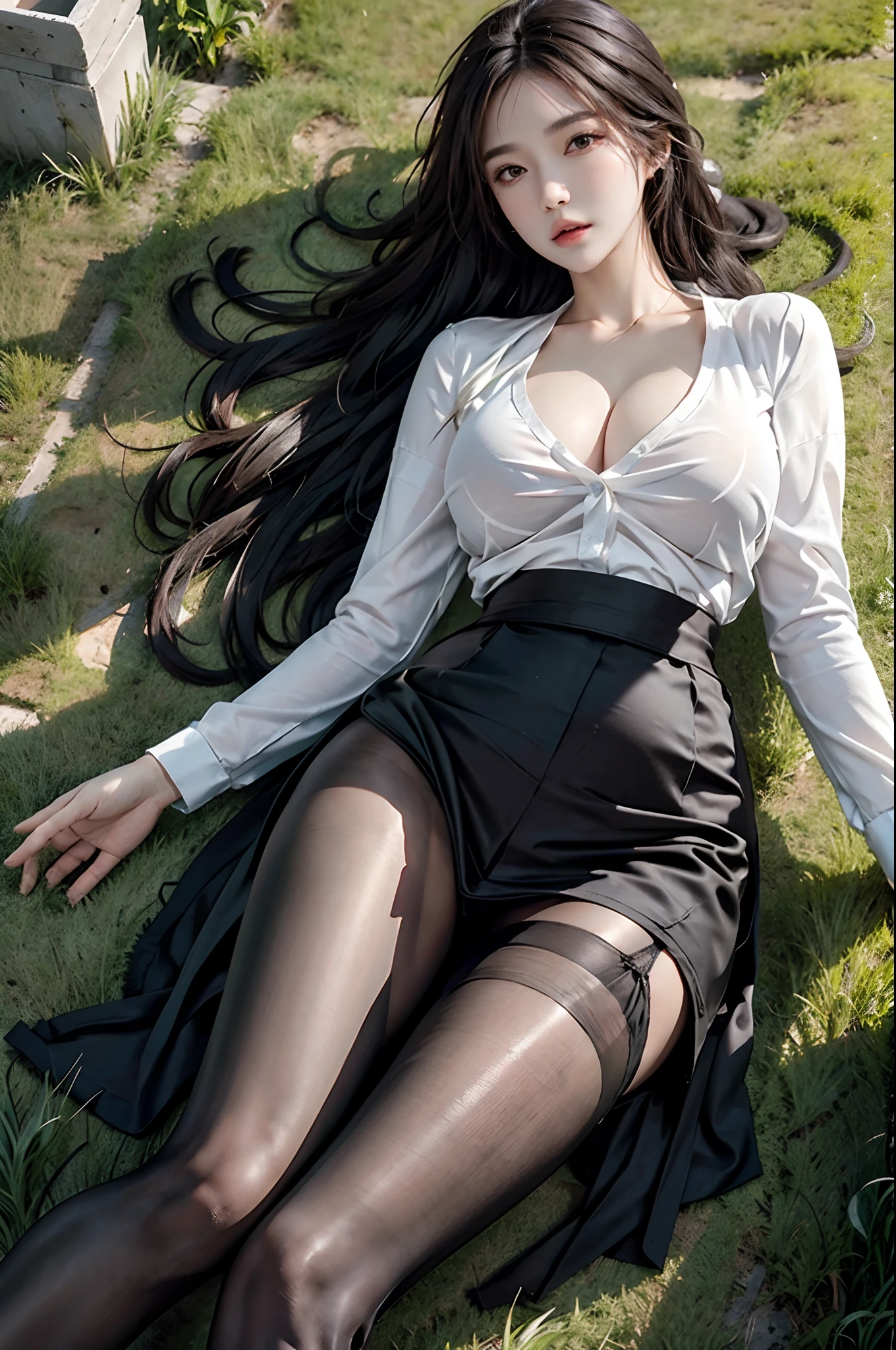 photorealistic, high resolution, soft light,1women, solo, hips up, look at viewer, (detailed face), long hair, lying on grass, see from below, show panties, see panties, secretary_uniform, black skirt, pantyhose, tattoo, jewelry