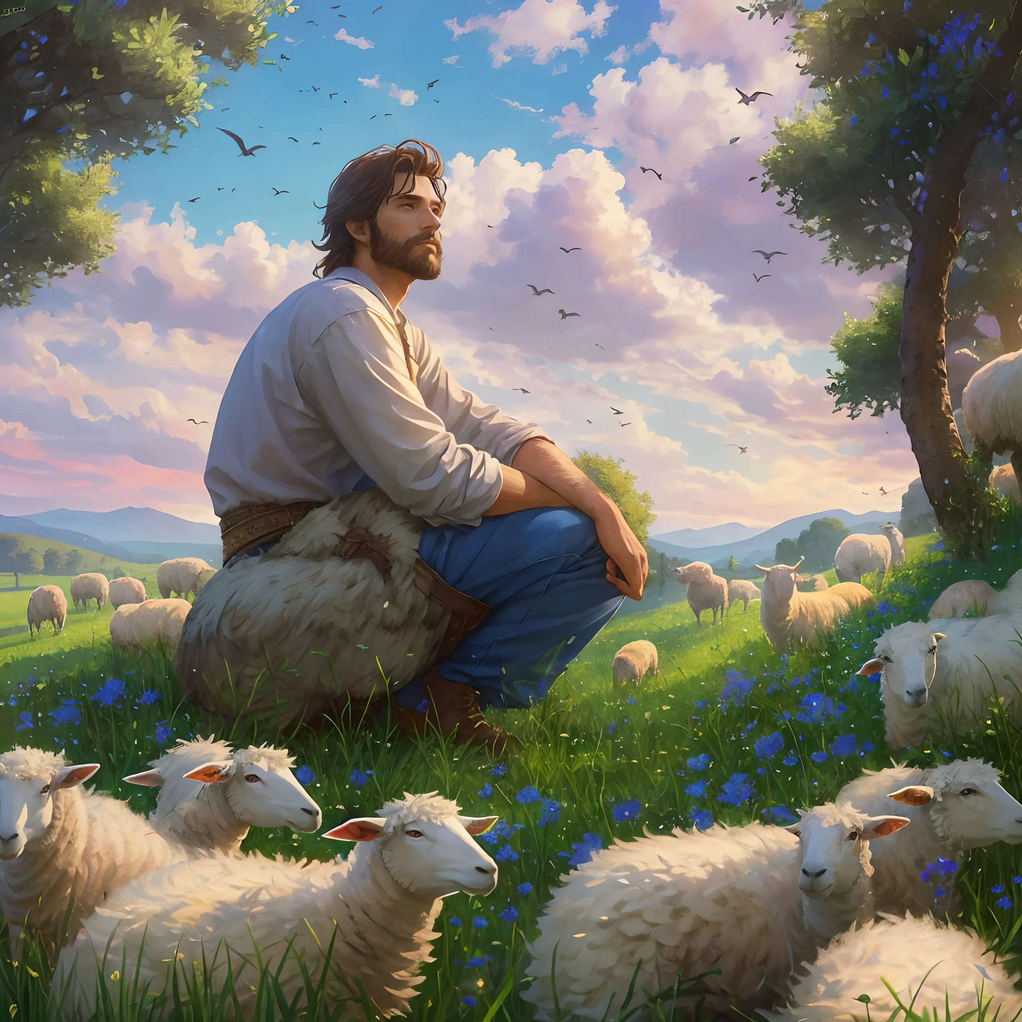 high details, best quality, 8k, [ultra detailed], masterpiece, best quality, (extremely detailed), dynamic angle, ultra wide shot, photorealistic, RAW, fantasy art, dnd art, fantasy art, realistic art, a wide angle picture of a man watching over his flock of sheep in a green pasture, with blue flowers, under clear sky with some clouds, a young man, beautiful man (intense details, Masterpiece, best quality: 1.5), dynamic hair, dynamic eyes,  (intense details, Masterpiece, best quality: 1.5), green pasture, green meadows (intense details, Masterpiece, best quality: 1.5), many blue flowers (intense details, Masterpiece, best quality: 1.5), pastoral atmosphere, sunny days, few small clouds, sun rays,