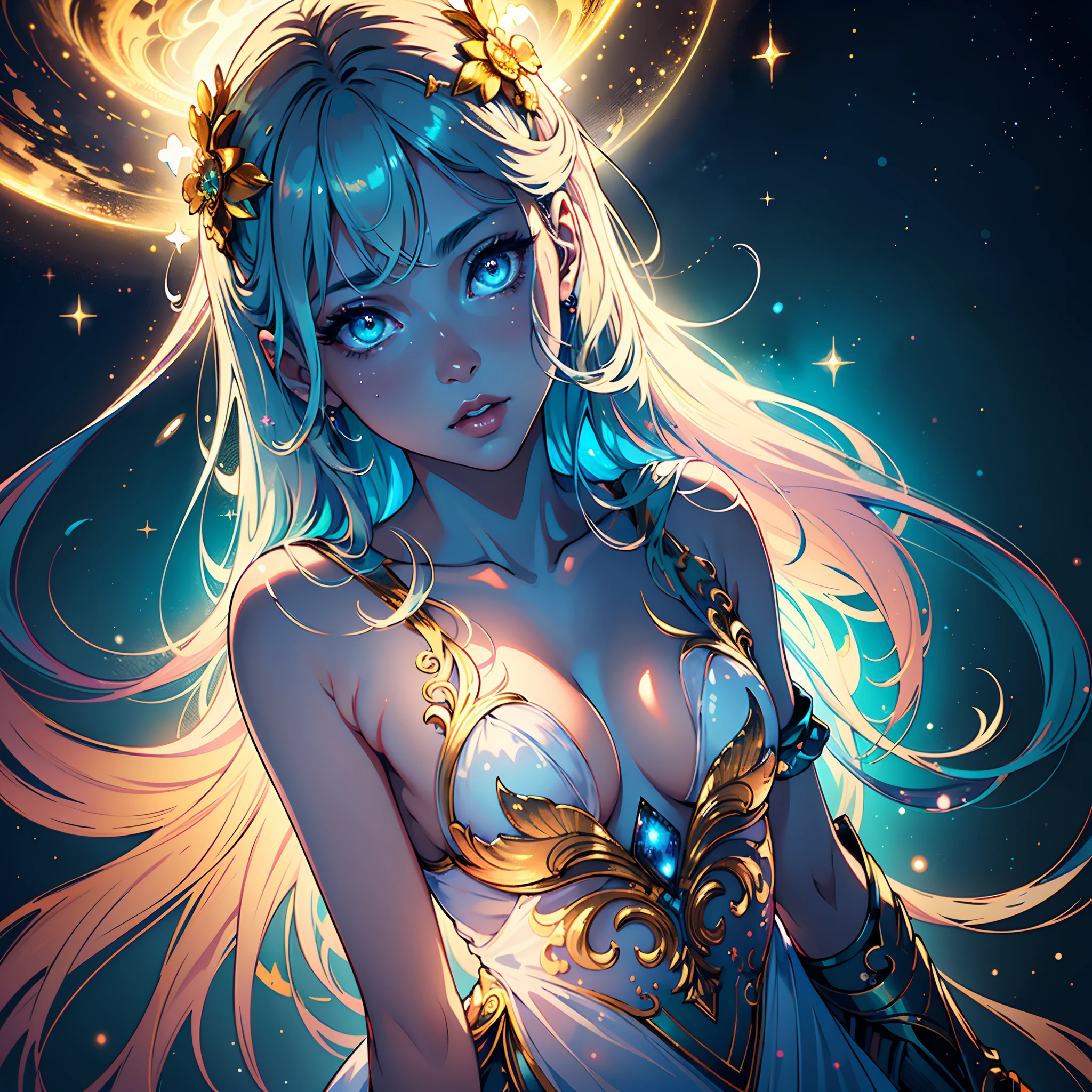 ((best quality)), ((masterpiece)), ((realistic)), portrait 1girl, celestial, deity, goddess, light particles, halo, looking at viewer,Resolute eyes bare shoulders, (bioluminescent:0.95) ocean, bioluminescent, goddess gown, vibrant, colourful, color, (glowing, glow), (beautiful composition), cinematic lighting, intricate, (symmetrical:0.5), whimsical,