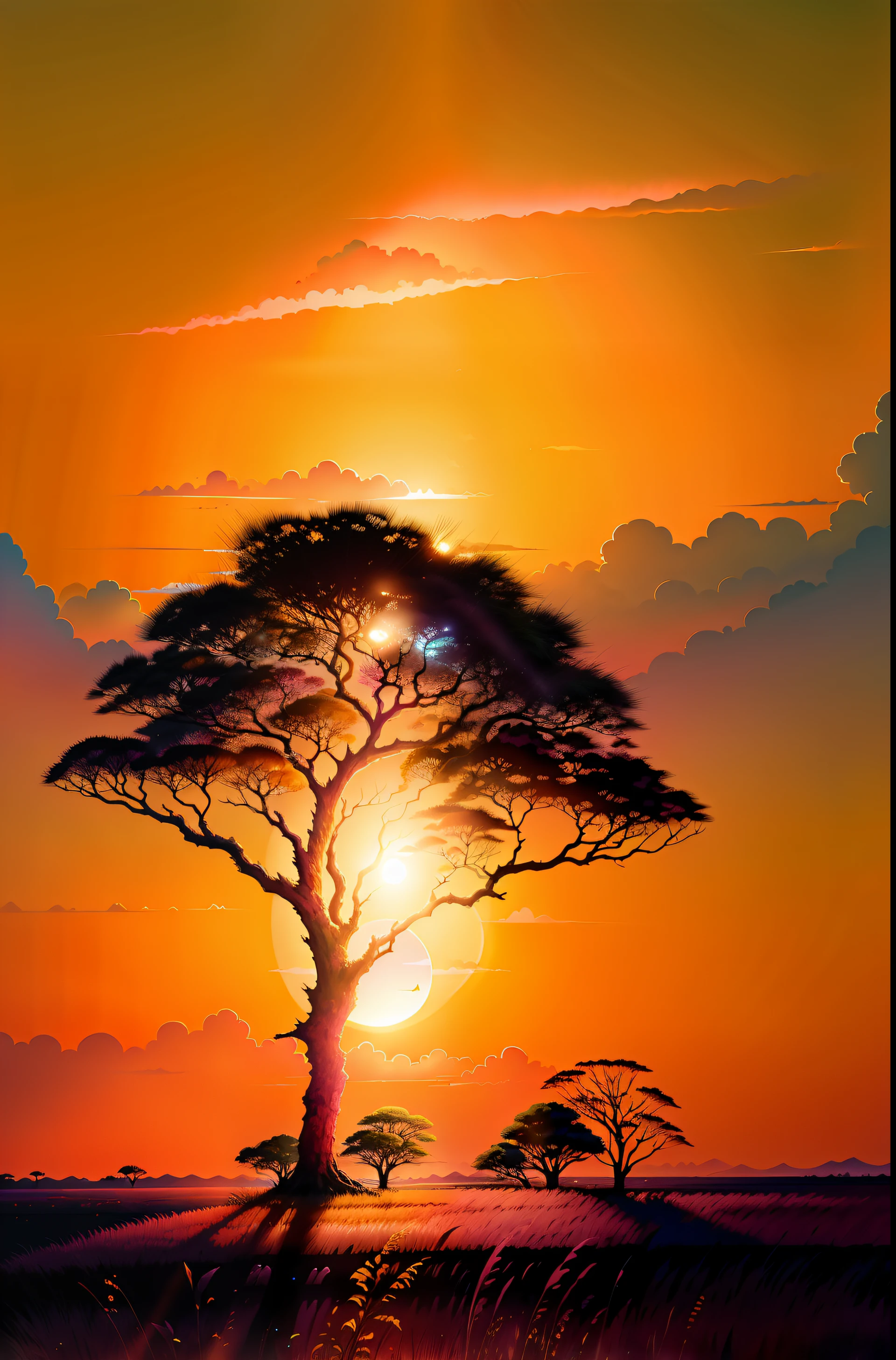an orange、pink there、Yellow blends to fill the sky、The sunset over the savannah is truly mesmerizing。1It is a dynamic and breathtaking scene with the book tree gently swaying。Embrace a calm atmosphere、Peace washes you。