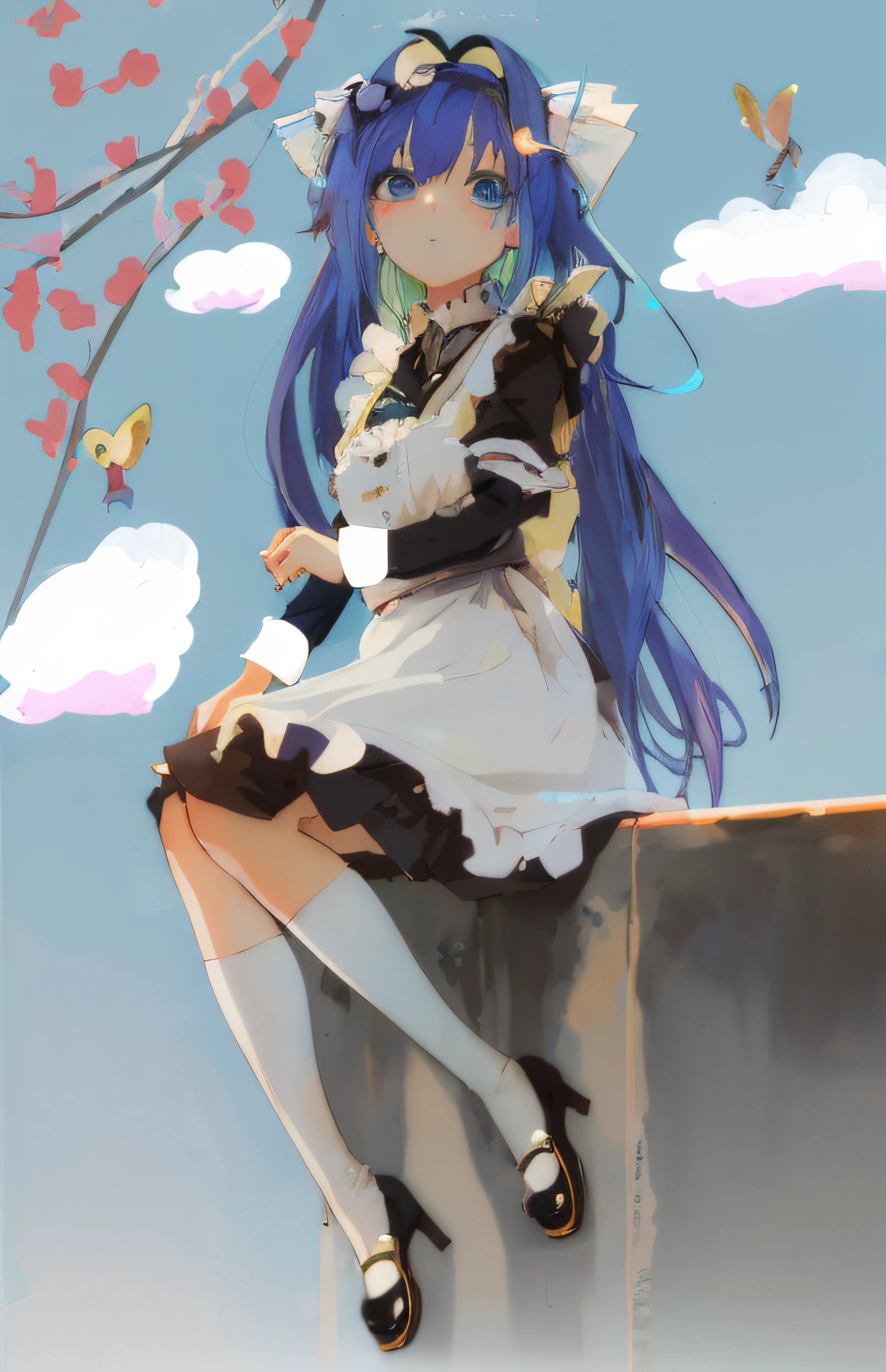 Anime girl with blue hair and white dress sitting on the wall, loli in dress, anime girl in a maid costume, zerochan art, Loli, Maid outfit, from touhou, cute anime waifu in a nice dress, 2 d anime style, 2d anime, author:Love light, touhou character, made with anime painter studio