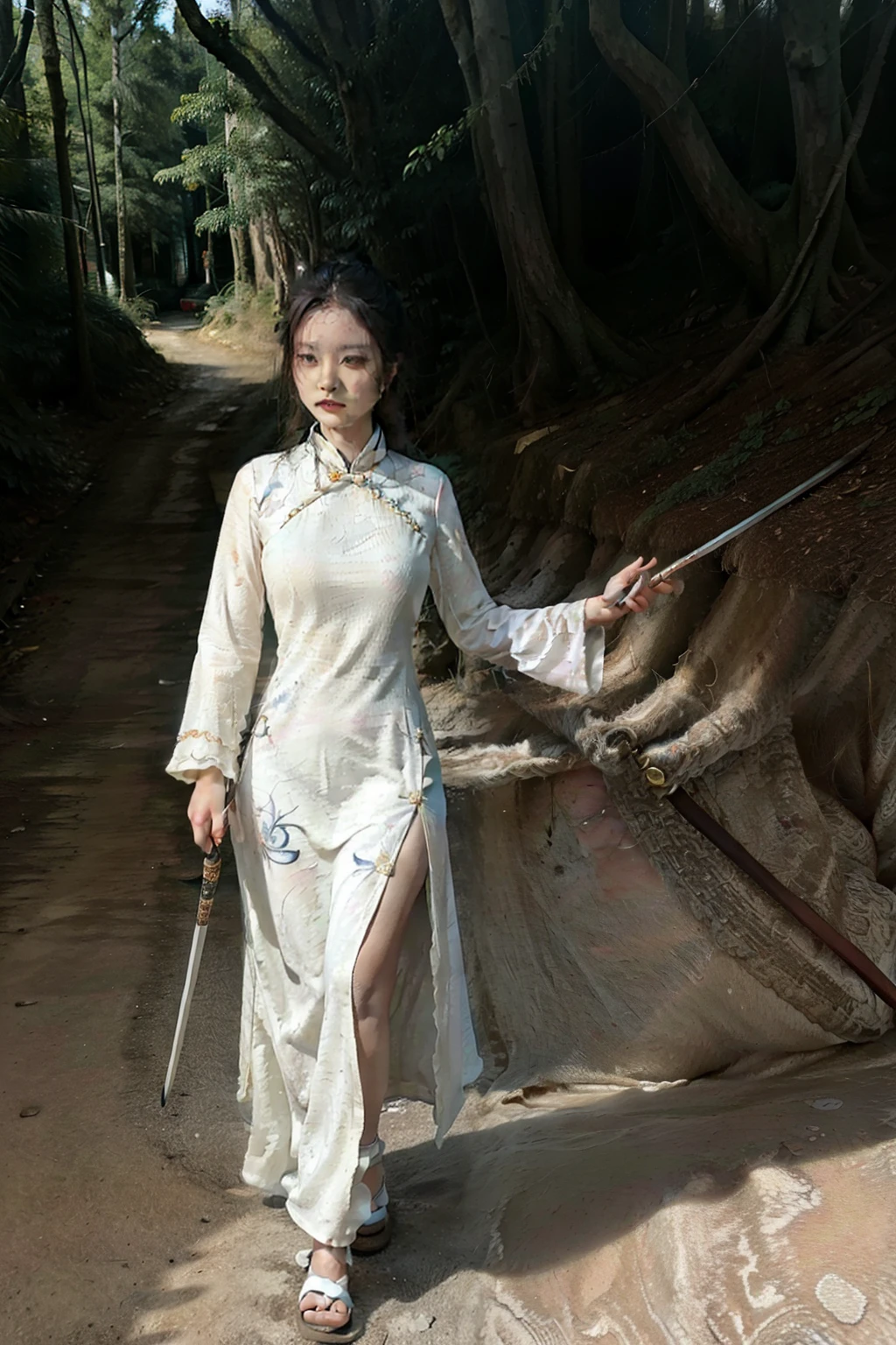 Chinese fantasy warrior woman standing in a forest, holding a sword in her hand. She is wearing a traditional Chinese dress and her hair is tied back in a bun. She has a determined look on her face and she is ready to fight for what she believes in.