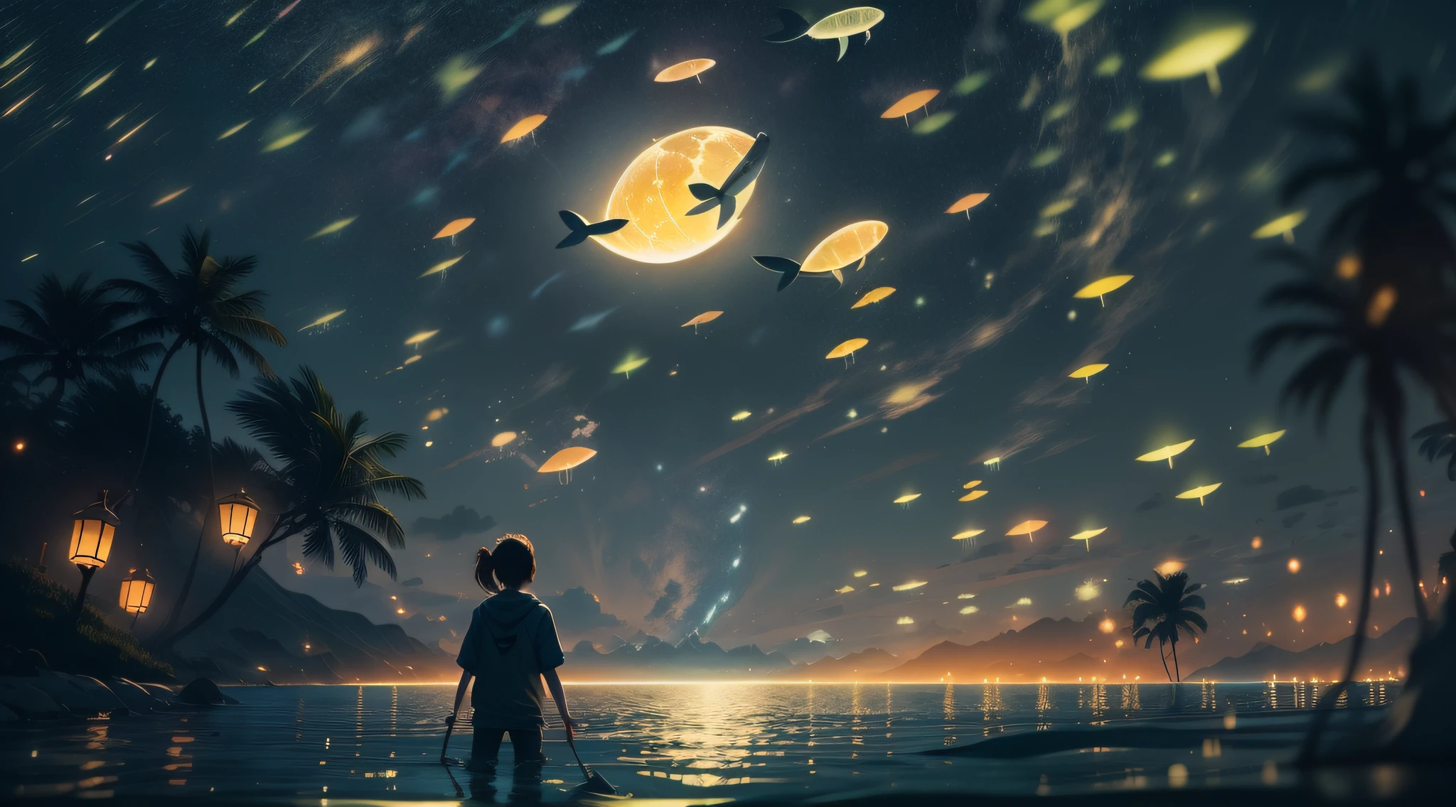 ((Fireflies form the silhouette of the whale)),((Transparent whales with a firefly effect)),(The fireflies shine with golden light),Floating on the surface of the sea,Firefly silhouette,cleanness,nigth,People to look up,Wide-angle picture,,super detailing,best qualtiy,tmasterpiece,(8k),Extremely detailed,Epic artwork