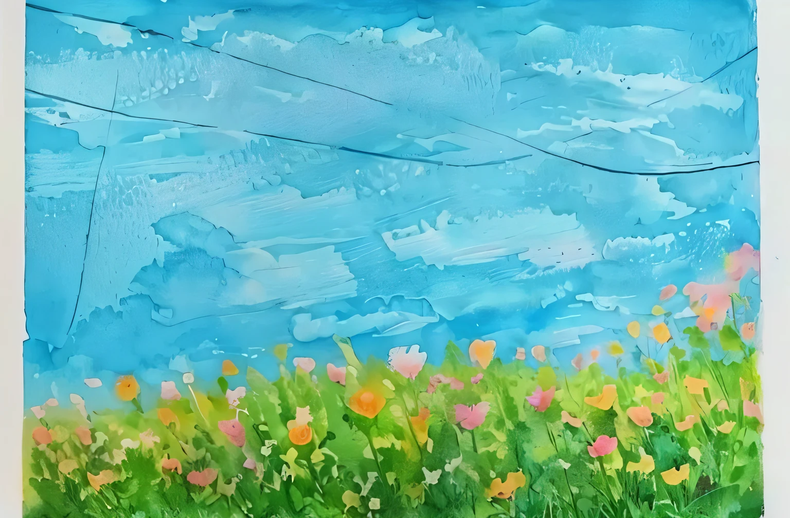 Flower field painting with blue sky as background, Inspired by Dwight William Tryon, flower  field, a bright summer day, field with grass and flowers, Inspired by Childe Hassan, meadow with flowers, on a bright day, Watercolor paper watercolor paints painting, Summer meadow, flower  field, flower  field, summer field, On a sunny day，with blue sky and white clouds，watercolor paiting，aquarelle