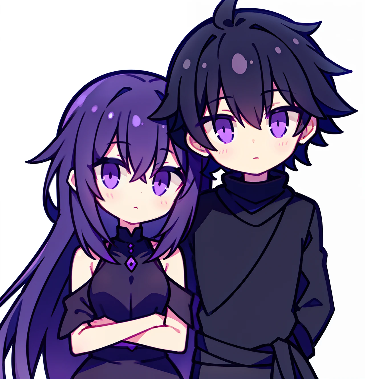 A boy with black hair and purple eyes put his arm around the waist of a girl with an extra-long black shawl,Purple eyes