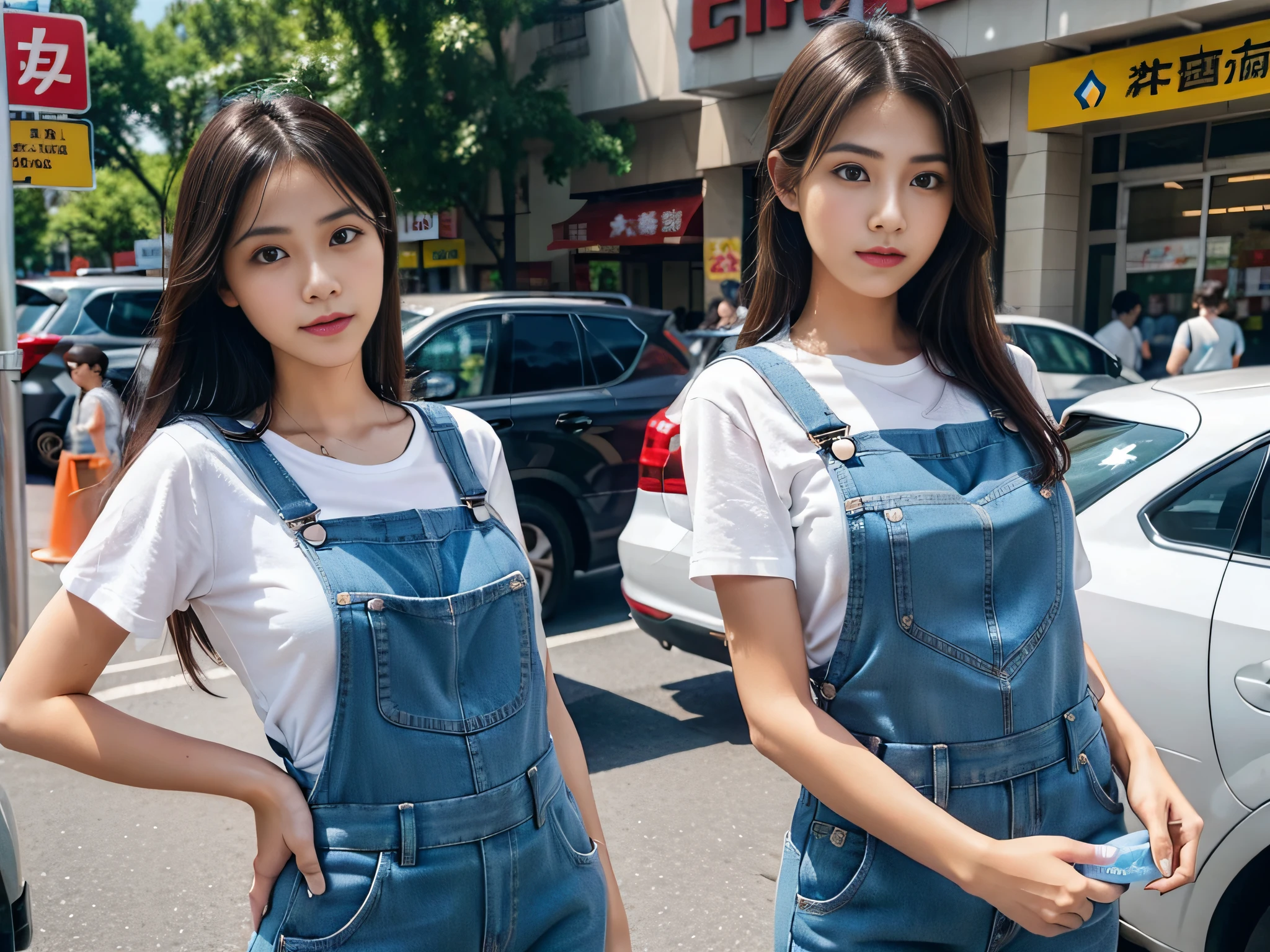 1 female supermarket saleswoman wearing overalls,Laundry detergent in hand,Introduce products to customers,Detailed facial expressions,sface focus。