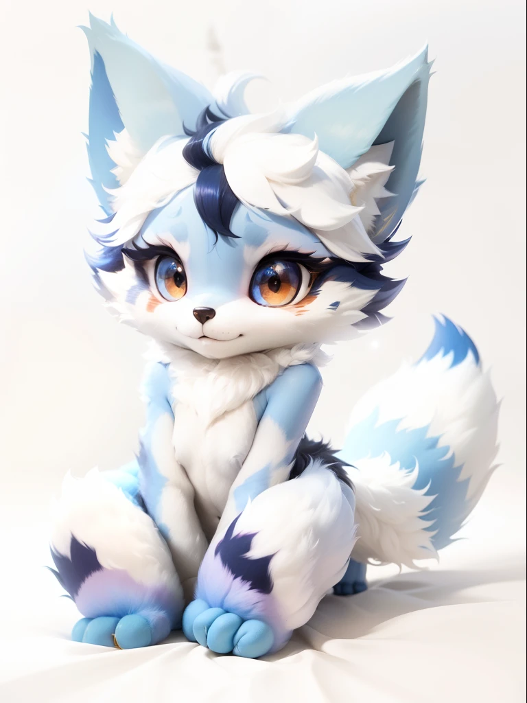 RAW photo, uhd, DSLR, high quality, realistic, photo realistic, dreamlikeart, lens flare, standing, upper body, looking at viewer, animal focus, furry, animal costume, wolf, cute, kawaii, cute, cute, fur, fur head, narrow waist, fox ears, paws, paw shoes, white fur, slim figure, flat chest, thigh notched, navy blue hair