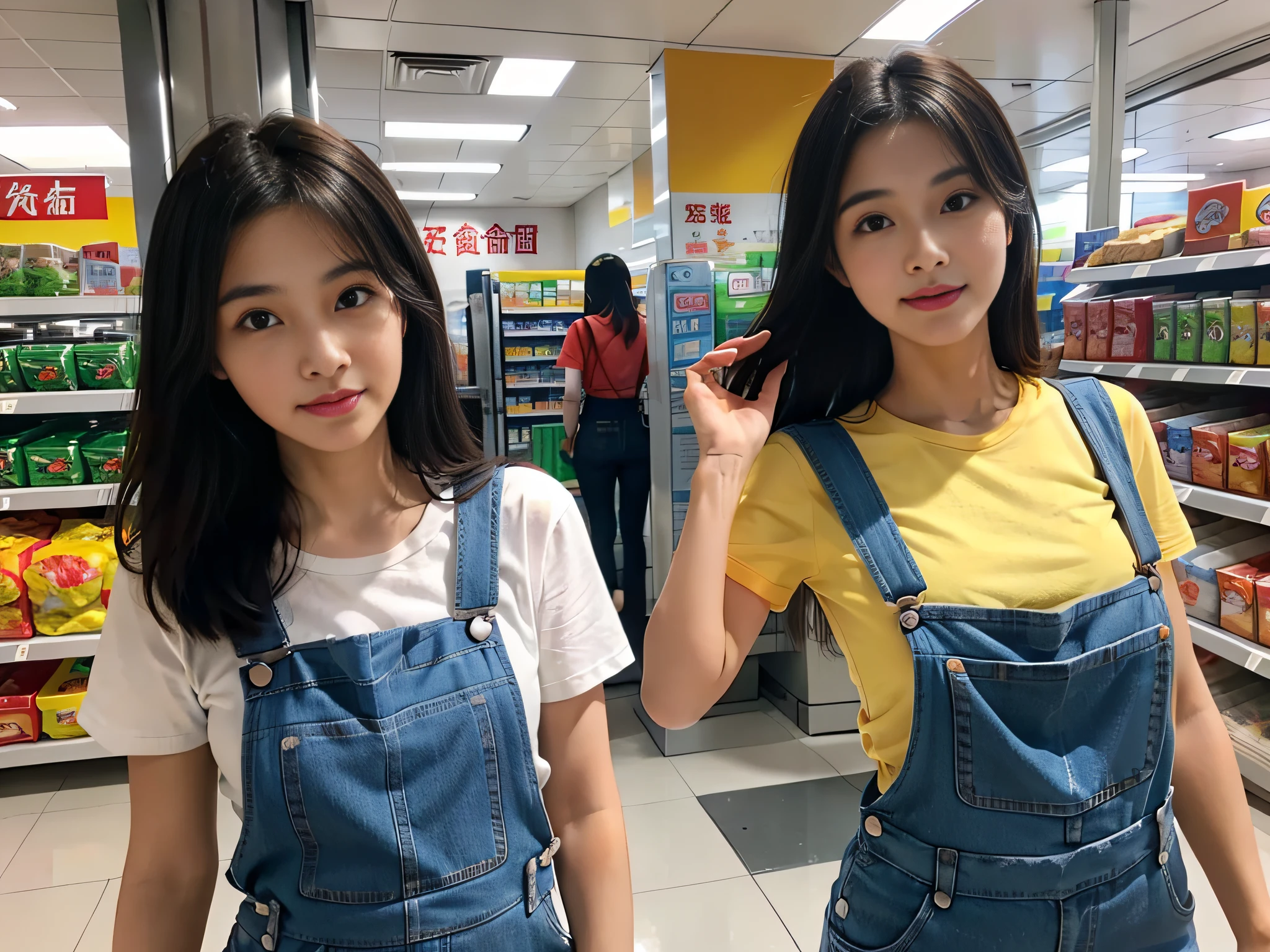1 female supermarket saleswoman wearing overalls，Laundry detergent in hand，Introduce products to customers，Detailed facial expressions，sface focus。