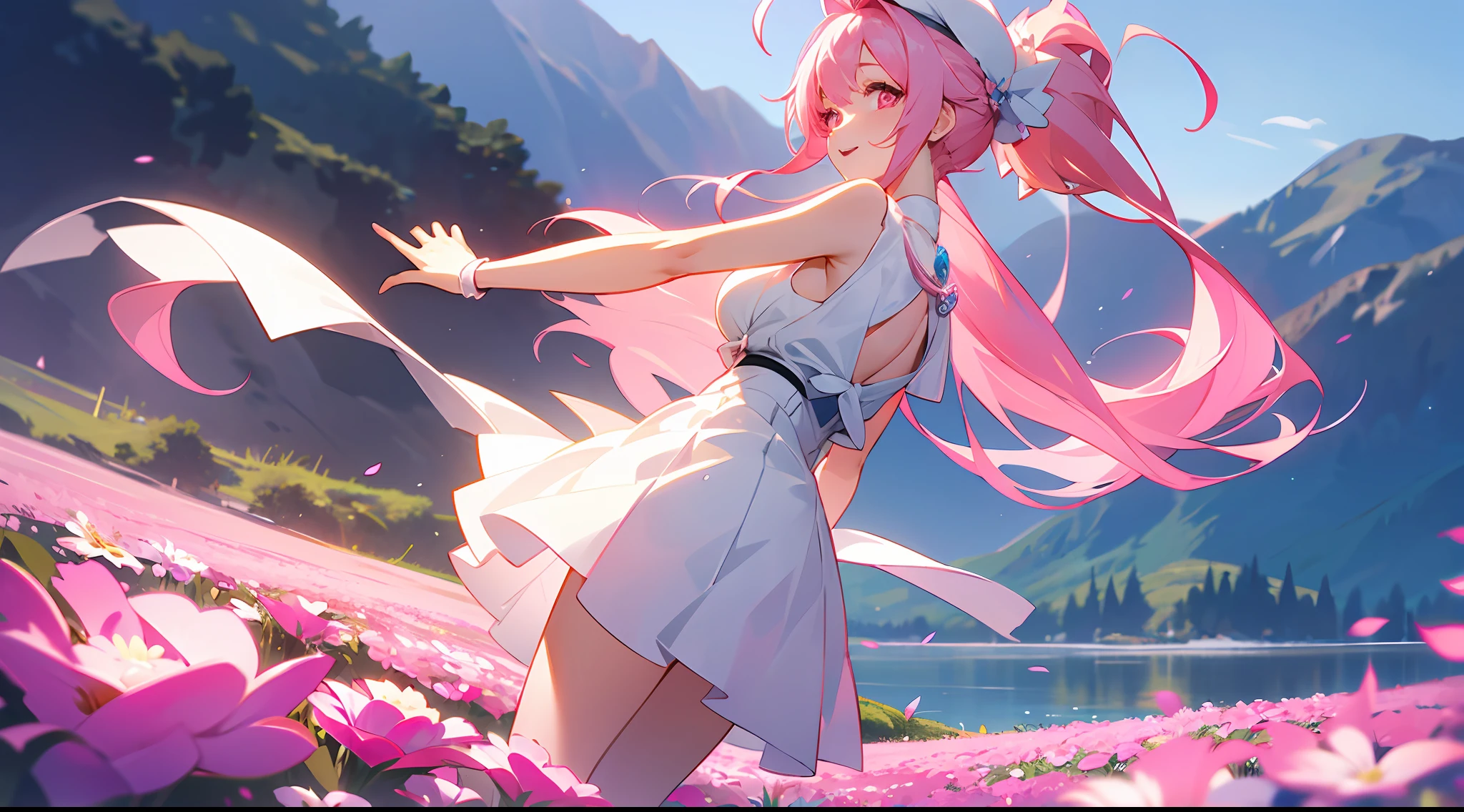 1 girl, game CG, white clothes, cleavage visible, shoulders visible, white short skirt, white beret, jewel pendant, gigantic breasts, pink hair, long hair, hair up, princess hairstyle, ahoge, pink eyes, mountain, lake, standing, flower field, smiling, mouth open, looking back, reflected light,