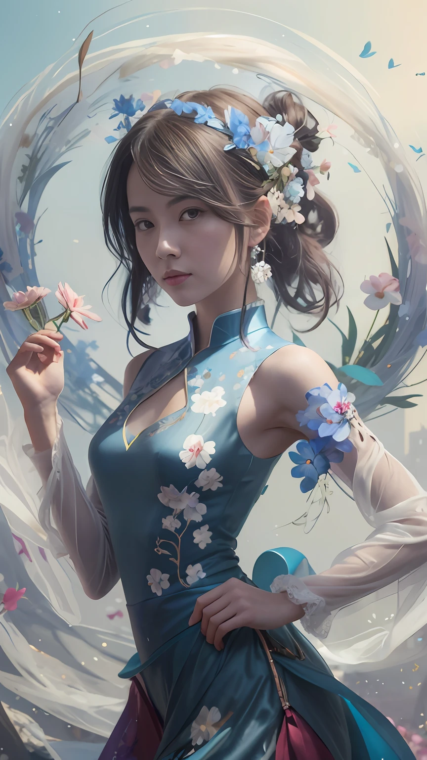 There was a woman in a blue dress holding a flower, Guviz-style artwork, Inspired by Fenghua Zhong, Artgerm and Atey Ghailan, By Leng Mei, Beautiful character painting, Ross Tran 8 K, author：yanjun cheng, Guviz, by Yang J, Beautiful digital artwork