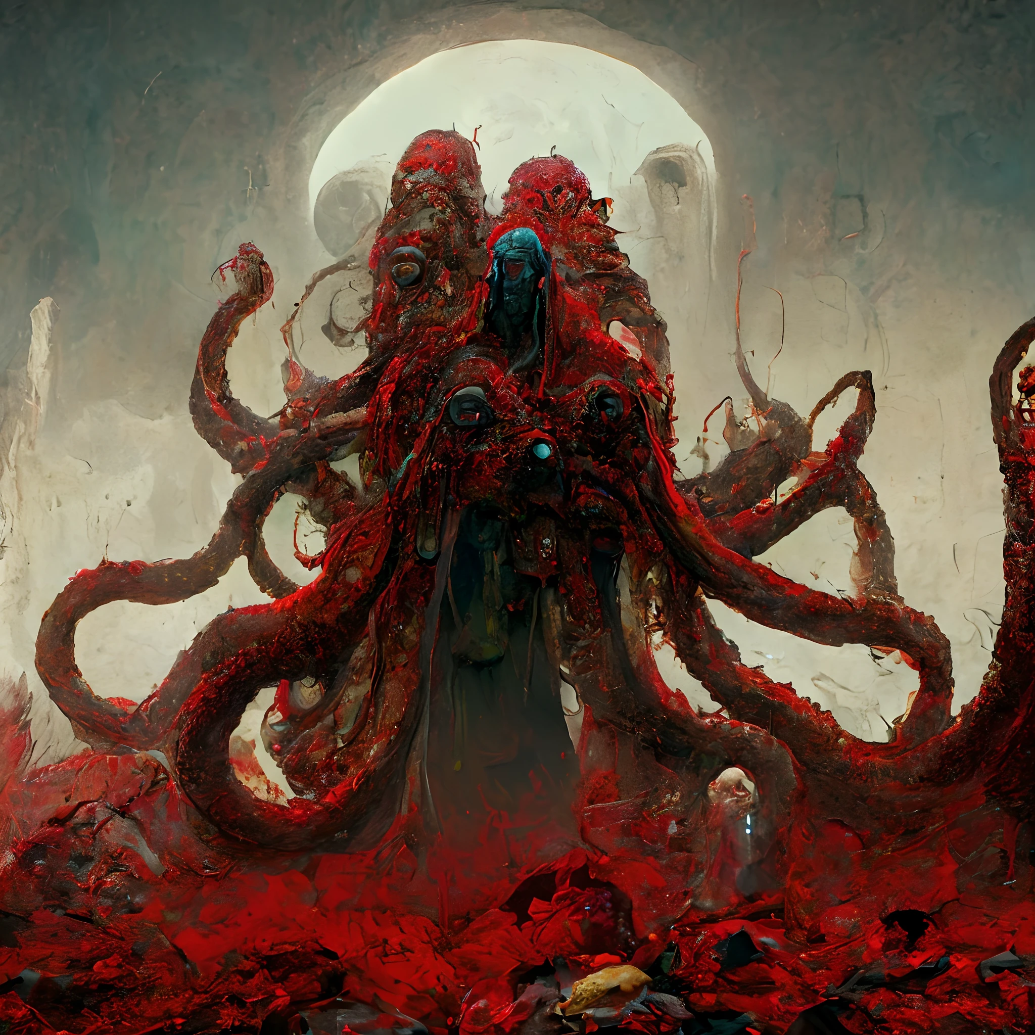 Tentacle horror AI ancient city weird horror crimson creature unfolds tentacles，Blood-red walls，A world of flesh and blood，Crawling insect-like tentacle monster，The Walking Dead's Beast Fur is bloody high quality HD 4k。，Walk the streets，An unknown woman，Have imagination